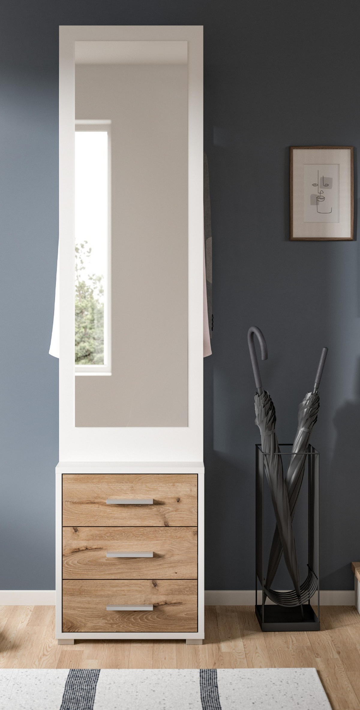 KOMPAKTGARDEROBE weiß, Eiche Nox, Garderobe mit Spiegel 45 x 190 cm - Eichefarben/Silberfarben, Glas/Holzwerkstoff (45/190/38cm) - Inn.Furn