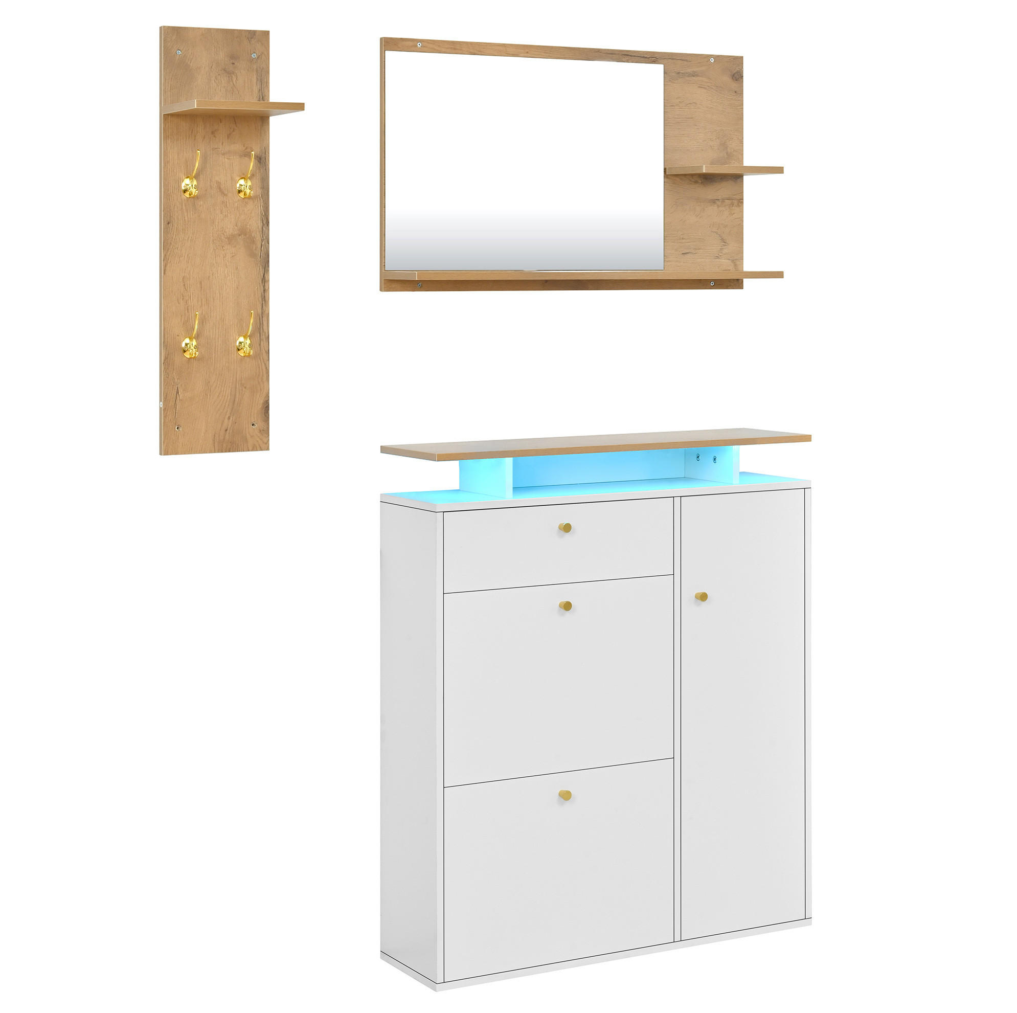 Modfu PŘEDSÍŇOVÁ sestava z dřevotřísky 105x25x151,5 cm bílá s LED osvětlením, zrcadlem a botníkem