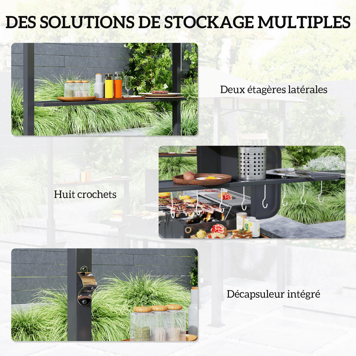 GRILLPAVILLON DE-12666 240/150/250 cm LED, 2 Regale, 8 Haken Kaki - Mokka, Metall (148/248/243cm) - ComfortXL