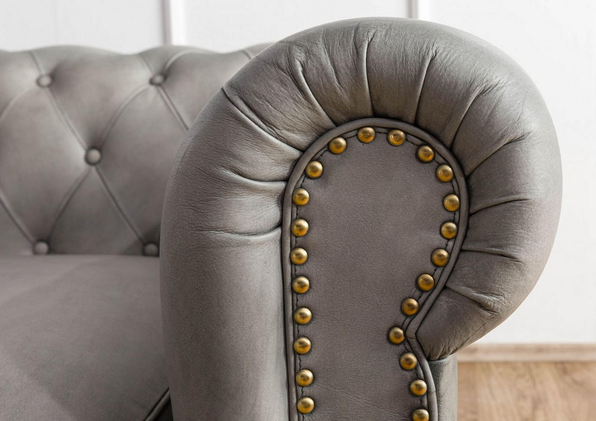 SOFA 3-Sitzer Echtleder 216x82x75 grau CHESTERFIELD #203 - Grau, Leder (216/75/82cm) - Massivmoebel24