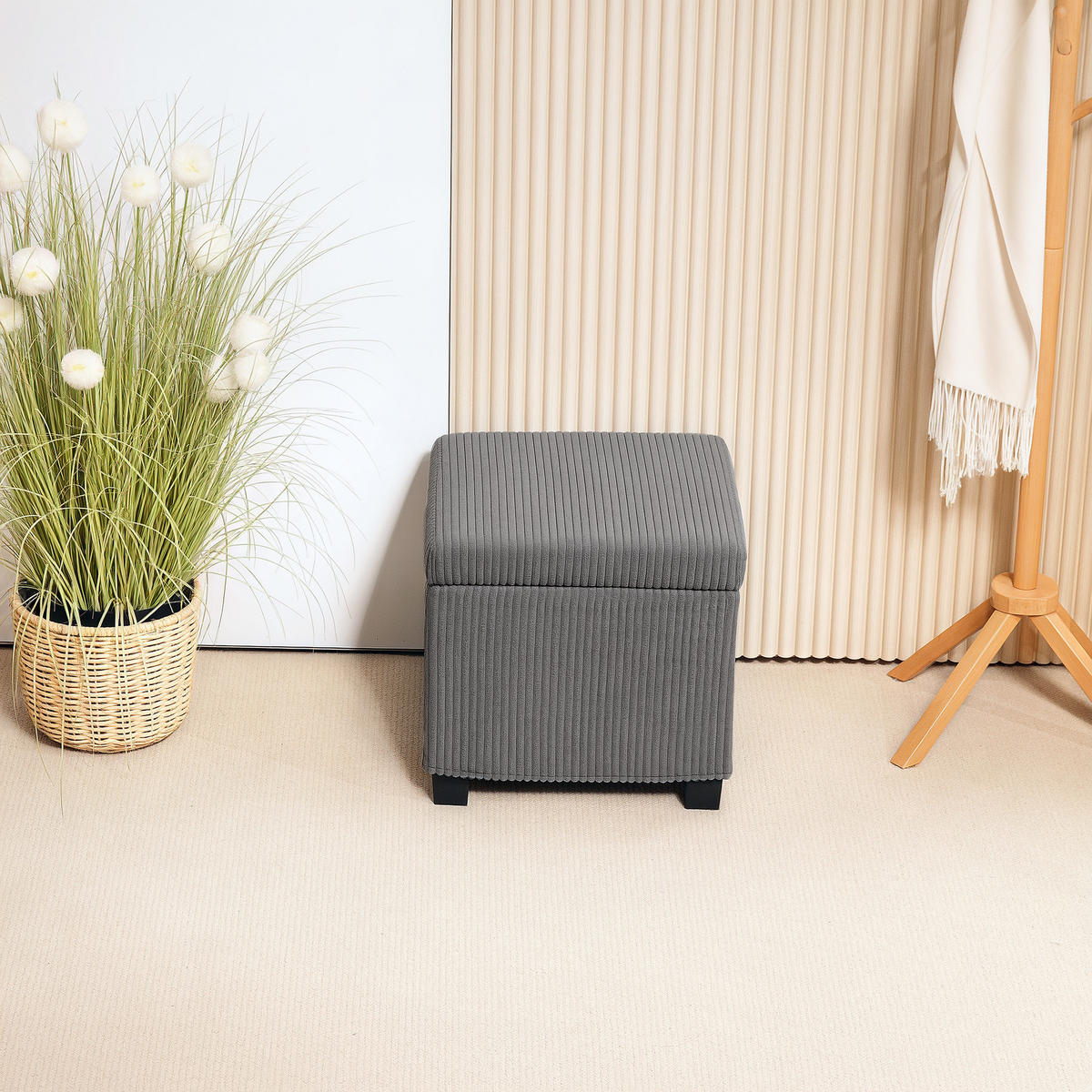 POUF DE-16411 mit Stauraum und Rippenvelours Grau - Grau, Textil (40/40/40cm) - ComfortXL