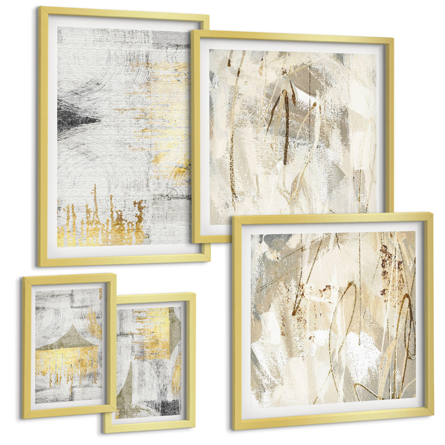 BILDER SET 5er Set - 50x50 cm & 20x30 cm & 40x60 cm Goldrahmen - Abstrakte minimalistische Muster - Goldfarben, Kunststoff (40/60cm) - TULUP