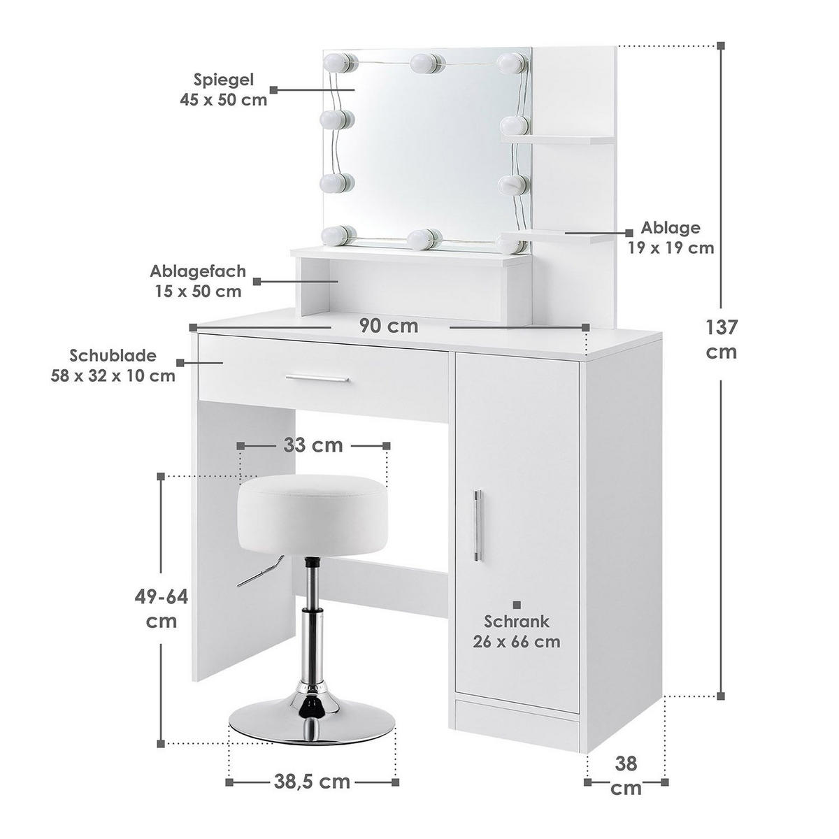 SCHMINKTISCH Zoey mit Schrank und Hocker Tonia - Weiß, Holz (38/137/90cm) - Juskys