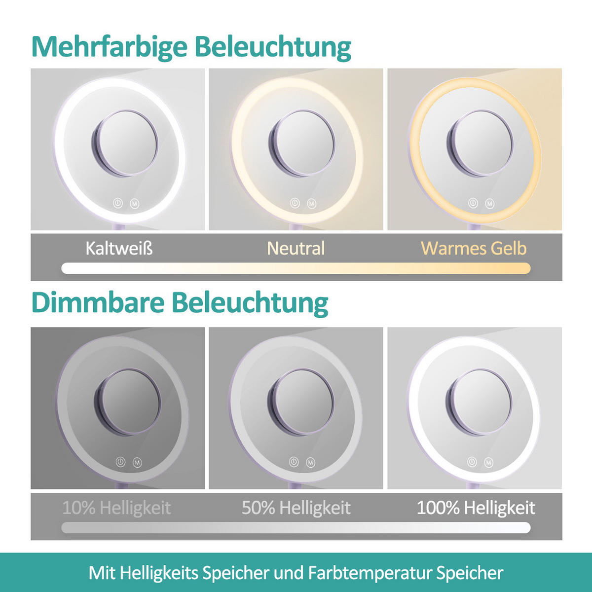 KOSMETIKSPIEGEL mit Licht mit Abnehmbare Saugnapfes, Violett, φ20 cm - Lila, Glas (20/35/20cm) - EMKE