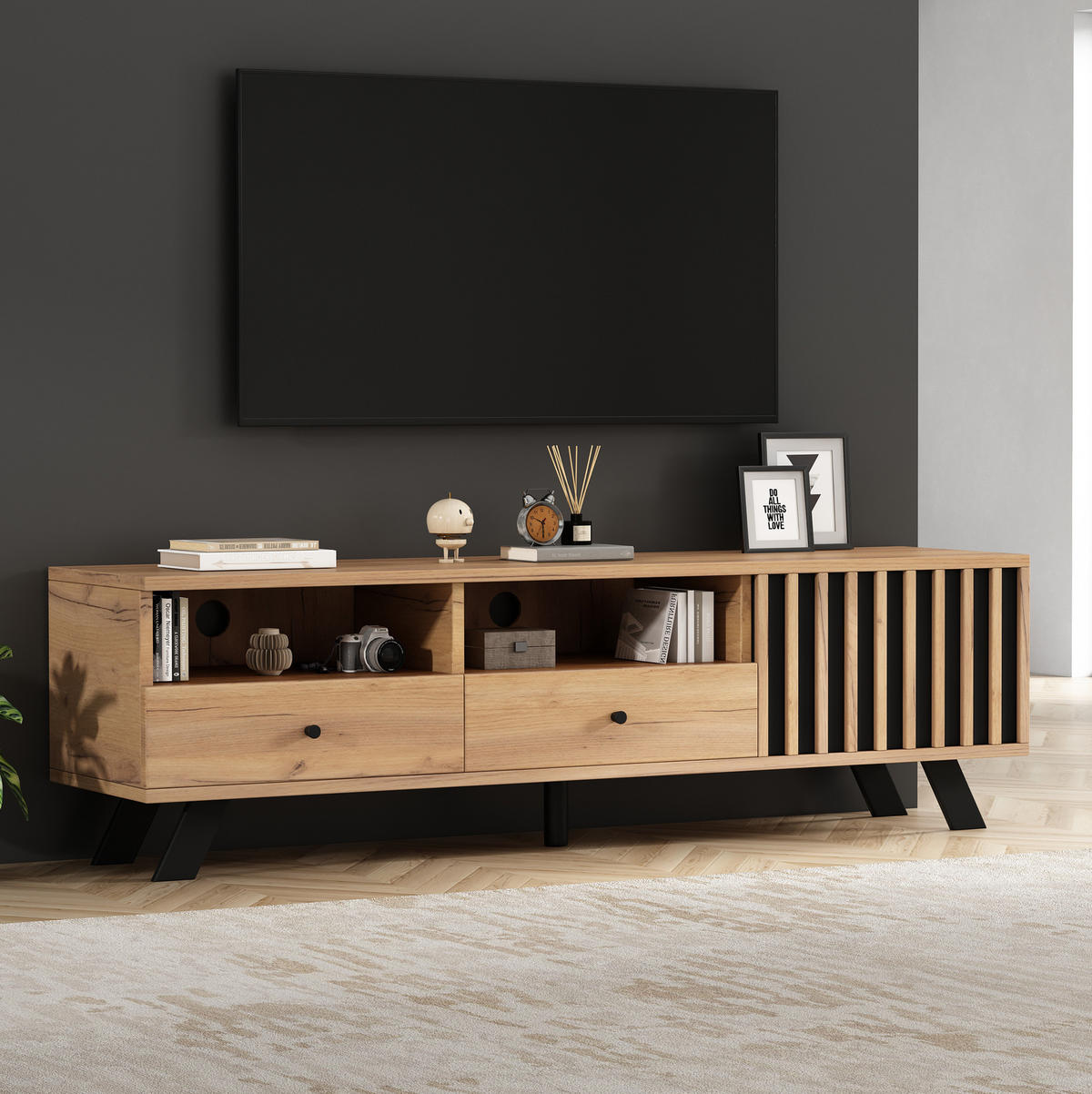 TV-SCHRANK aus Spanplatte 150x38x44 cm Naturholzfarbe/Schwarz mit 2 Schubladen, 1 Schrank und halboffenen Fächern - Naturfarben, Holzwerkstoff (150/44/38cm) - Modfu