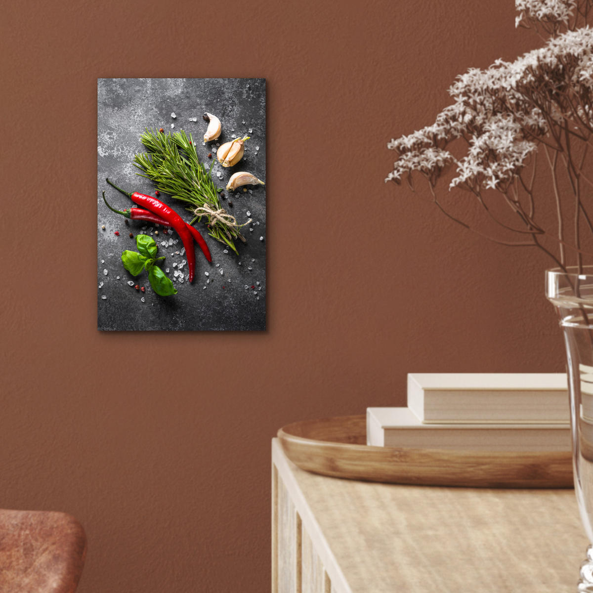 KOVOVÝ OBRAZ Korenie - bylinky - korenie - betón 20x30 cm - tmavosivá, kov (20/30cm) - MuchoWow