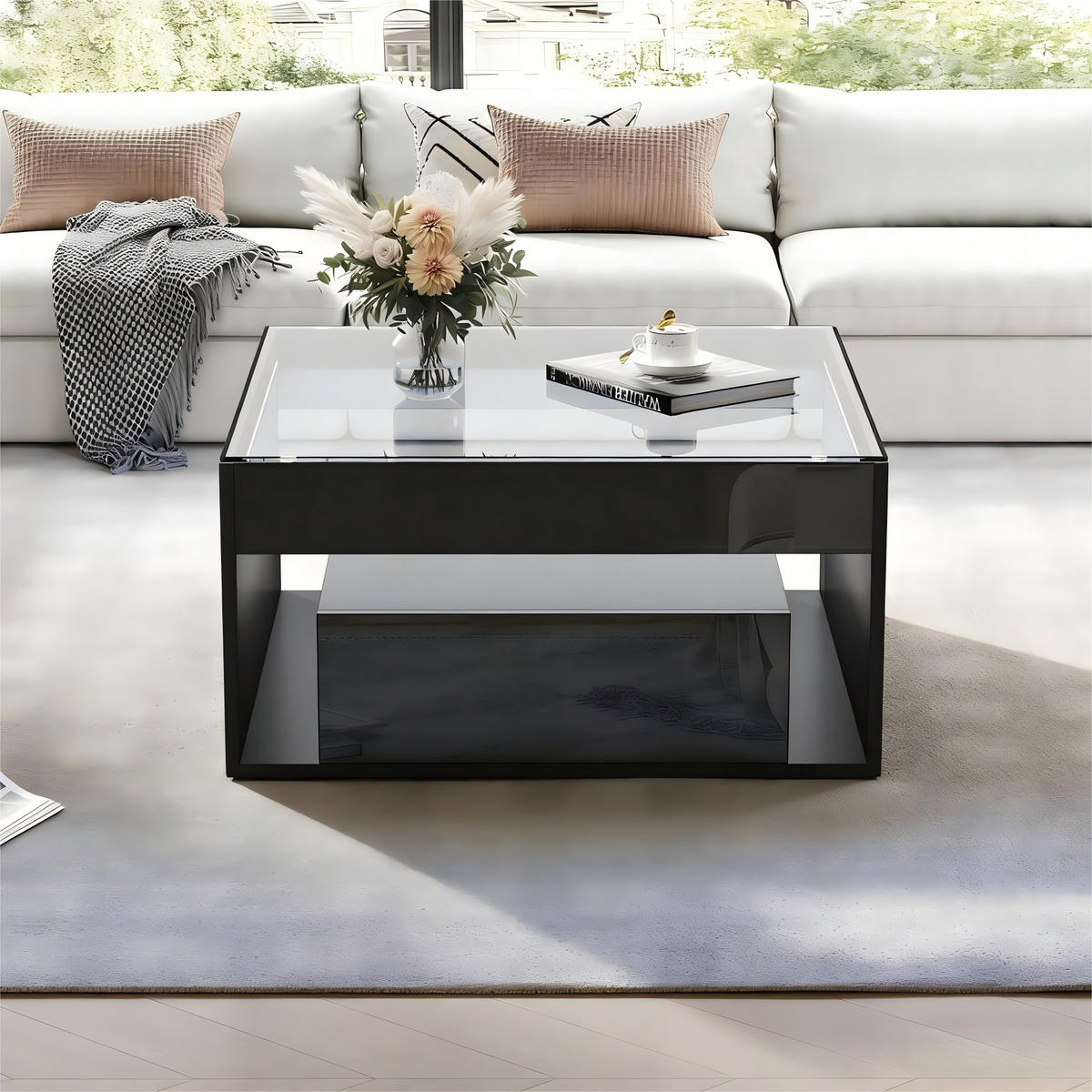 COUCHTISCH 70/70/35 cm Schwarz aus Holzwerkstoff mit LED-Lichtstreifen und 2 Schubladen - Schwarz, Holzwerkstoff (70/70/35cm) - OKWISH