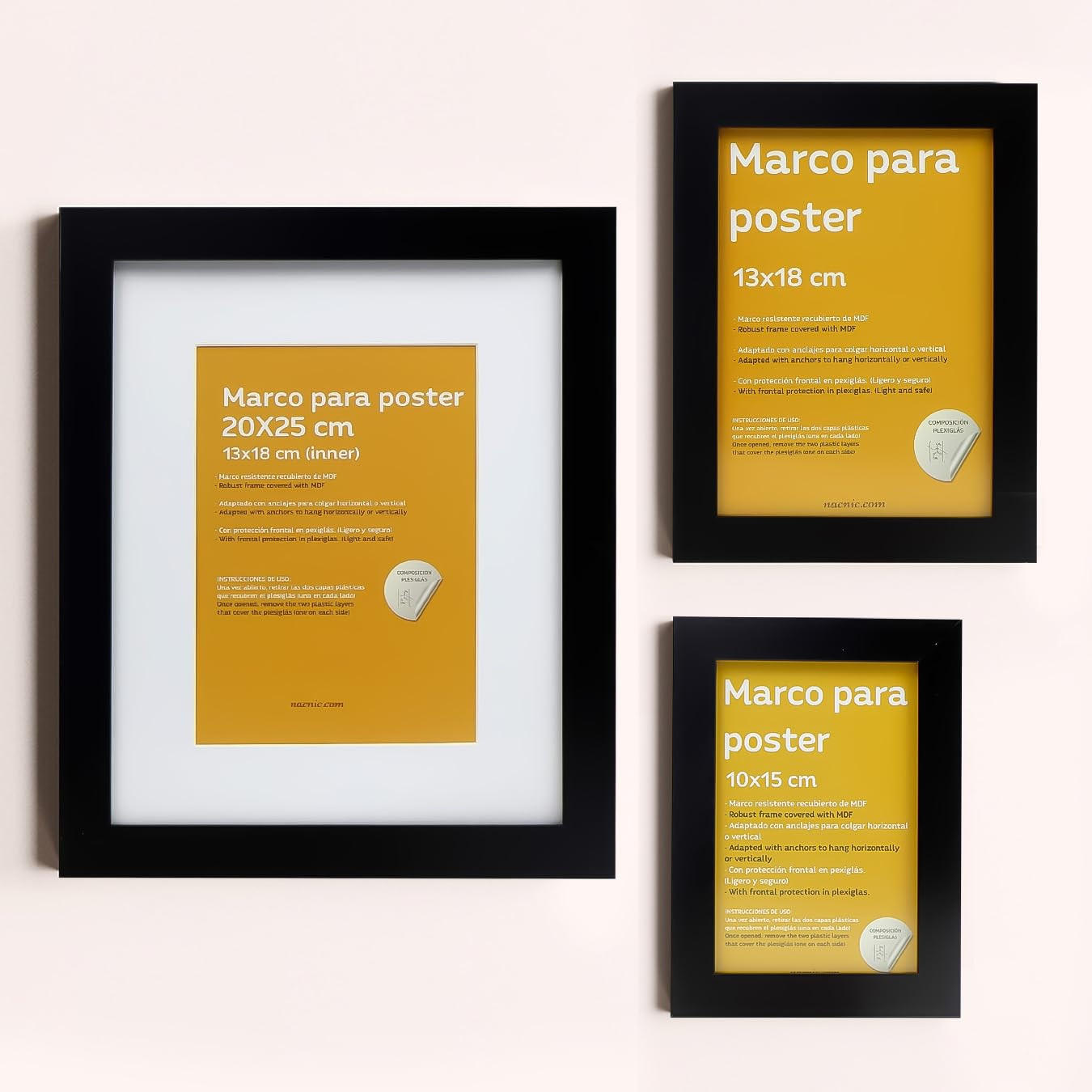 RAHMEN Set mit 10 aus MDF und Acrylglas Schutz und Aussteller für Fotografien, Bilder, Poster, Gemälde Farbe Schwarz 20x25, 13x18, 10x15 cm - Schwarz, Holz (20/3/25cm) - Nacnic