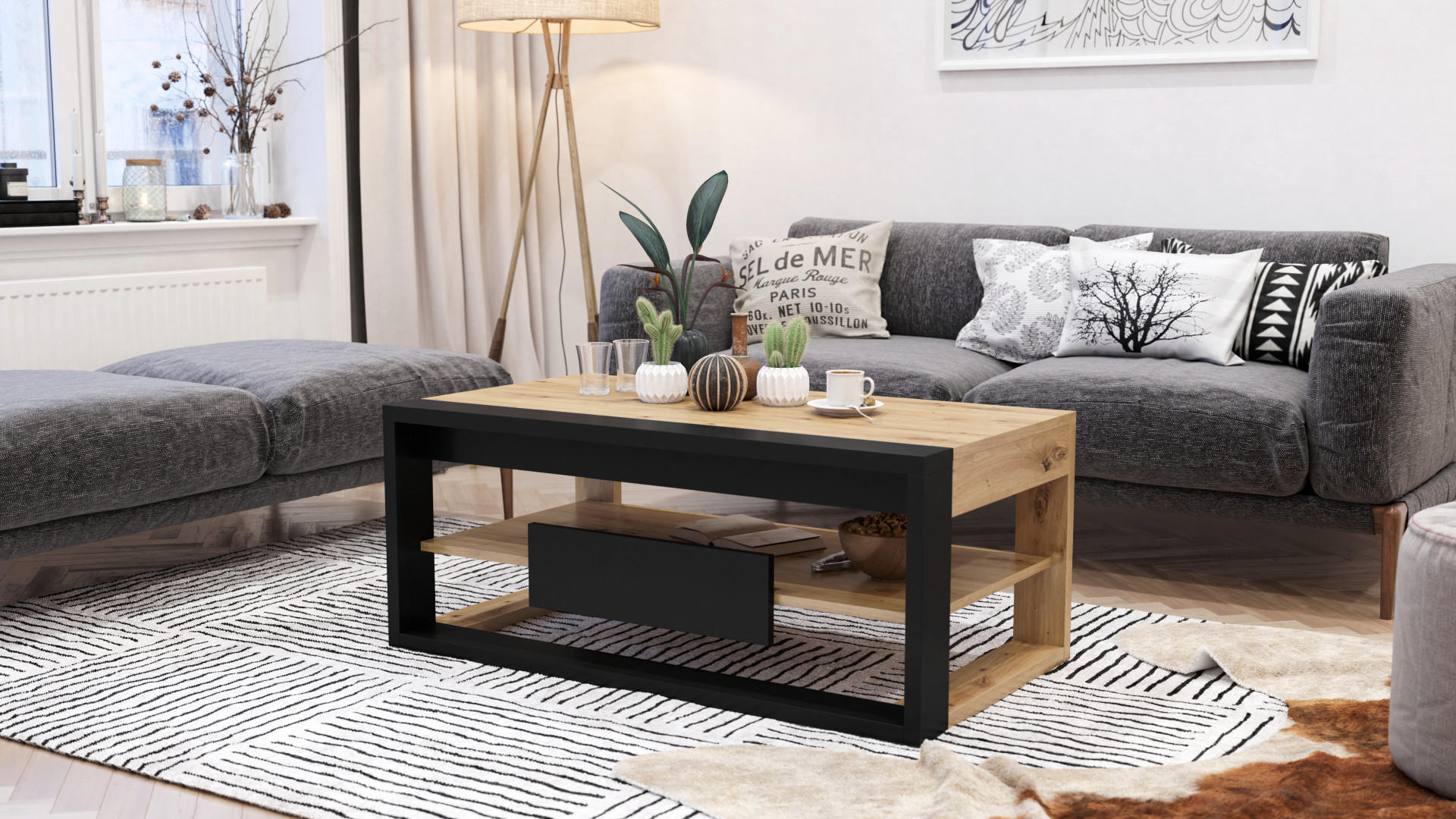 COUCHTISCH rechteckig Eiche Artisan Schwarz aufklappbar - Schwarz/Eiche Artisan, Holzwerkstoff (60/110/45cm) - designimpex