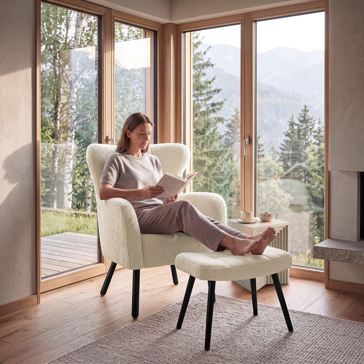 SESSEL MIT HOCKER Vänersborg, Belastbarkeit 120 kg, Bouclé creme/schwarz - Creme/Schwarz, Kunststoff (72/92/71cm) - tectake
