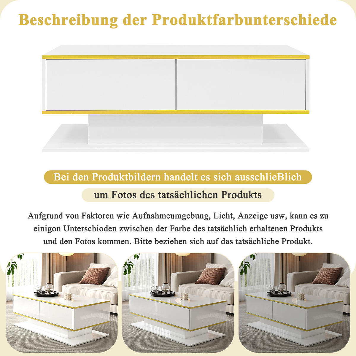 COUCHTISCH 100/50/40 cm Weiß Gold mit LED-Beleuchtung und 3 Schubladen Hochglanz - Weiß, Holzwerkstoff (100/50/40cm) - OKWISH