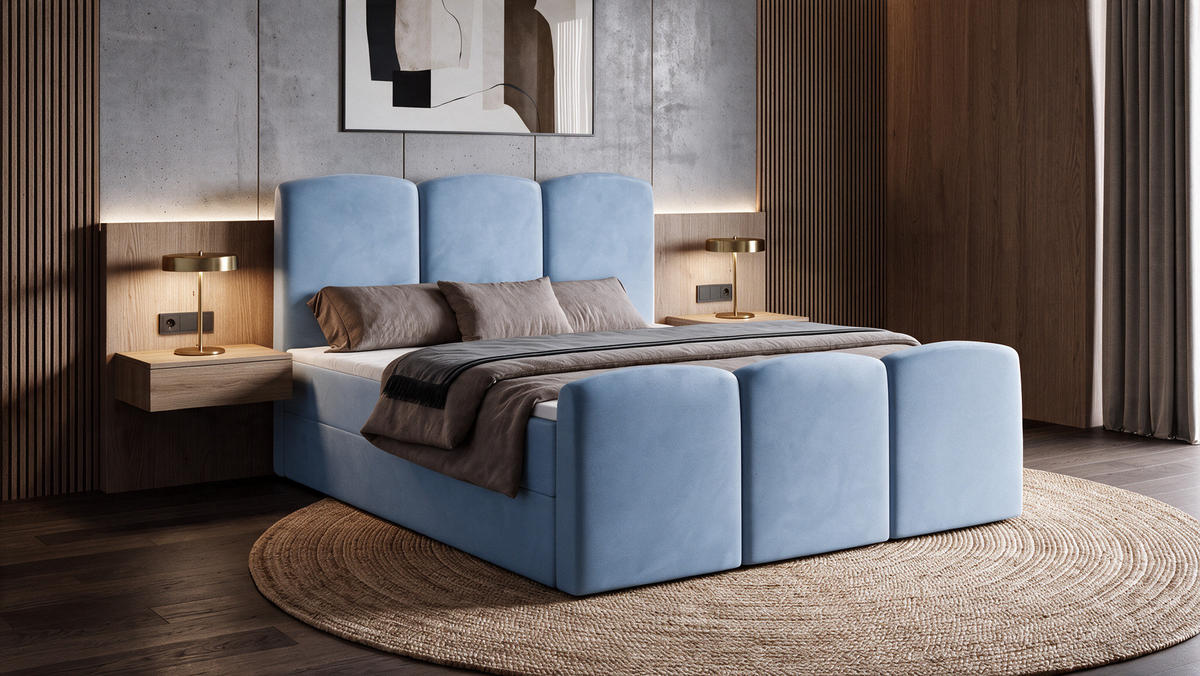 BOXBETT SAVIO 180x200 cm mit Bettkasten, Bonell-Matratze H3 und Topper – Samt Hellblau - Hellblau, Textil (180/200cm) - Luxkor24