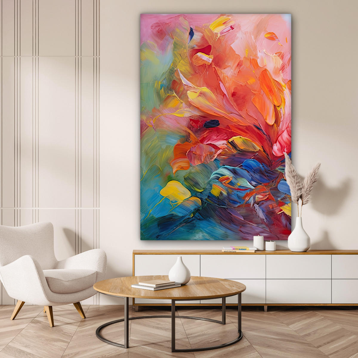 LEINWANDBILD Ölgemälde - Kunst - Abstrakt - Farbenfroh Deko Groß 90x140 cm - Altrosa, Textil (90/140cm) - MuchoWow