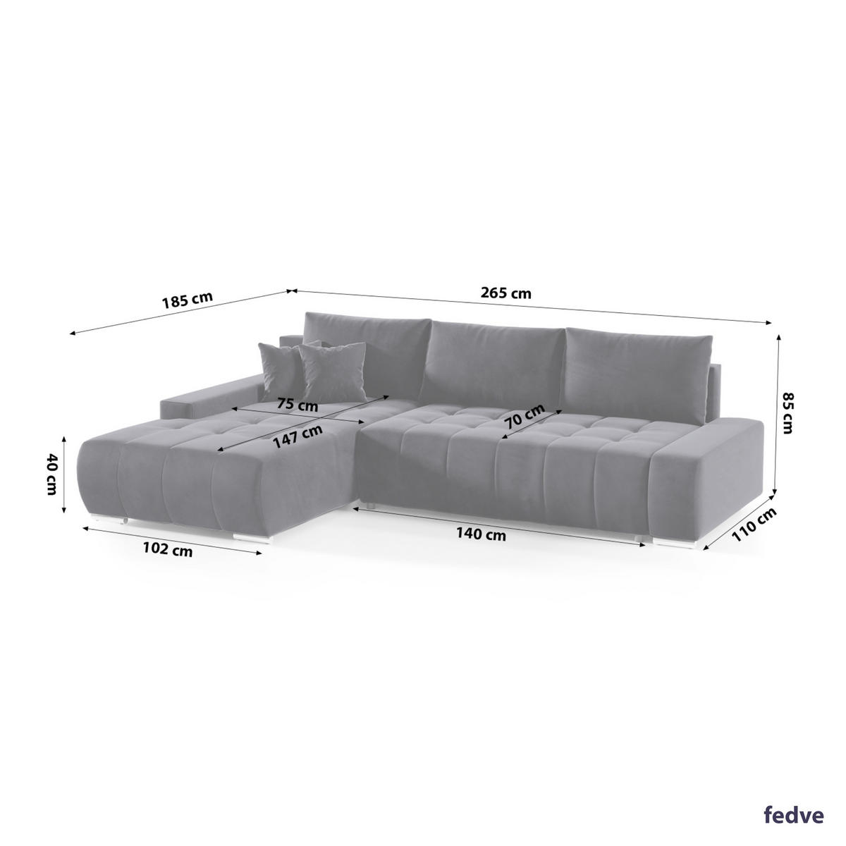 ECKSOFA mit Schlaffunktion Dhaka L Dunkelgrau - Graphitfarben, Textil (185/265cm) - Fedve