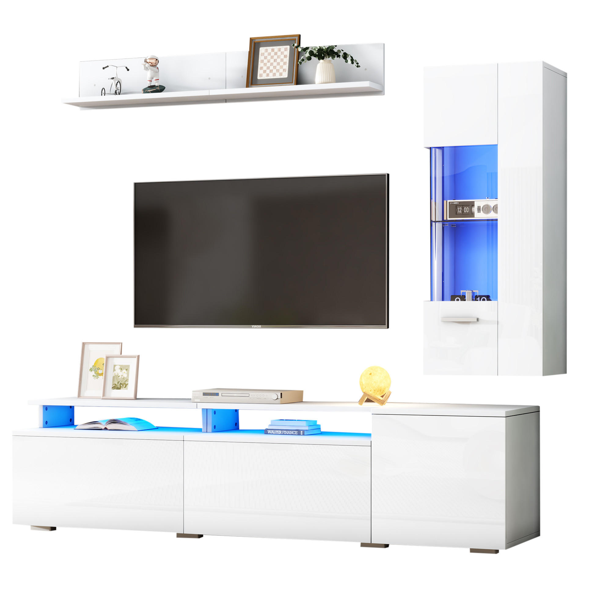 WOHNWAND 3-teilig LED Hochglanz Vitrine Weiß - Weiß, Glas (180/45/40cm) - FLIEKS