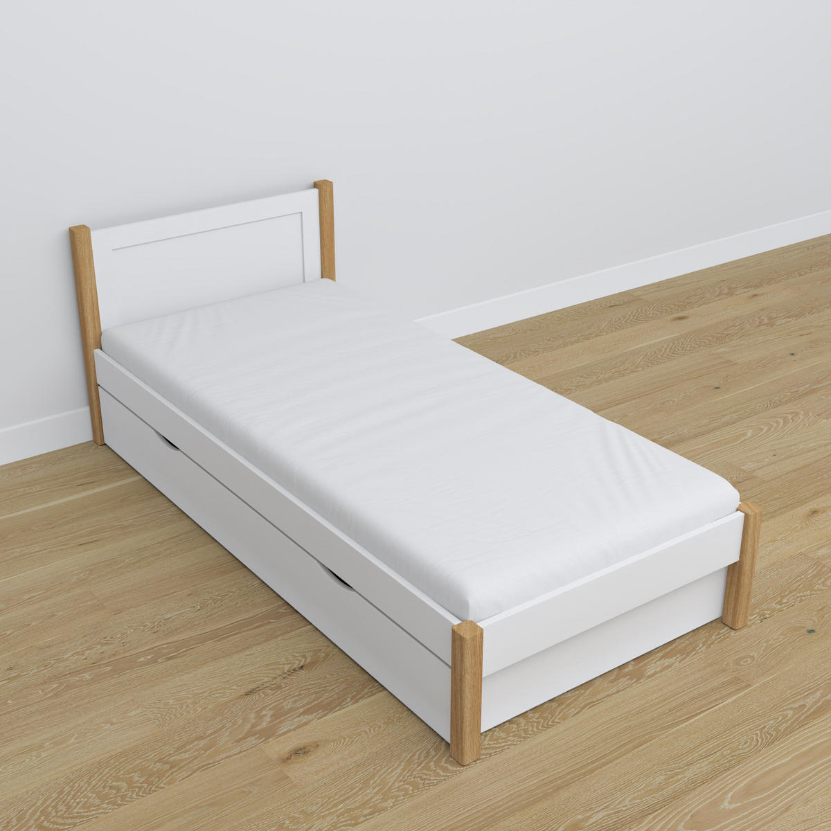 BETT mit Schublade N02 Weiß / Eiche Natur 90/190 - Eiche Artisan/Weiß, Naturmaterialien/Holz (90/190cm) - N-Wood