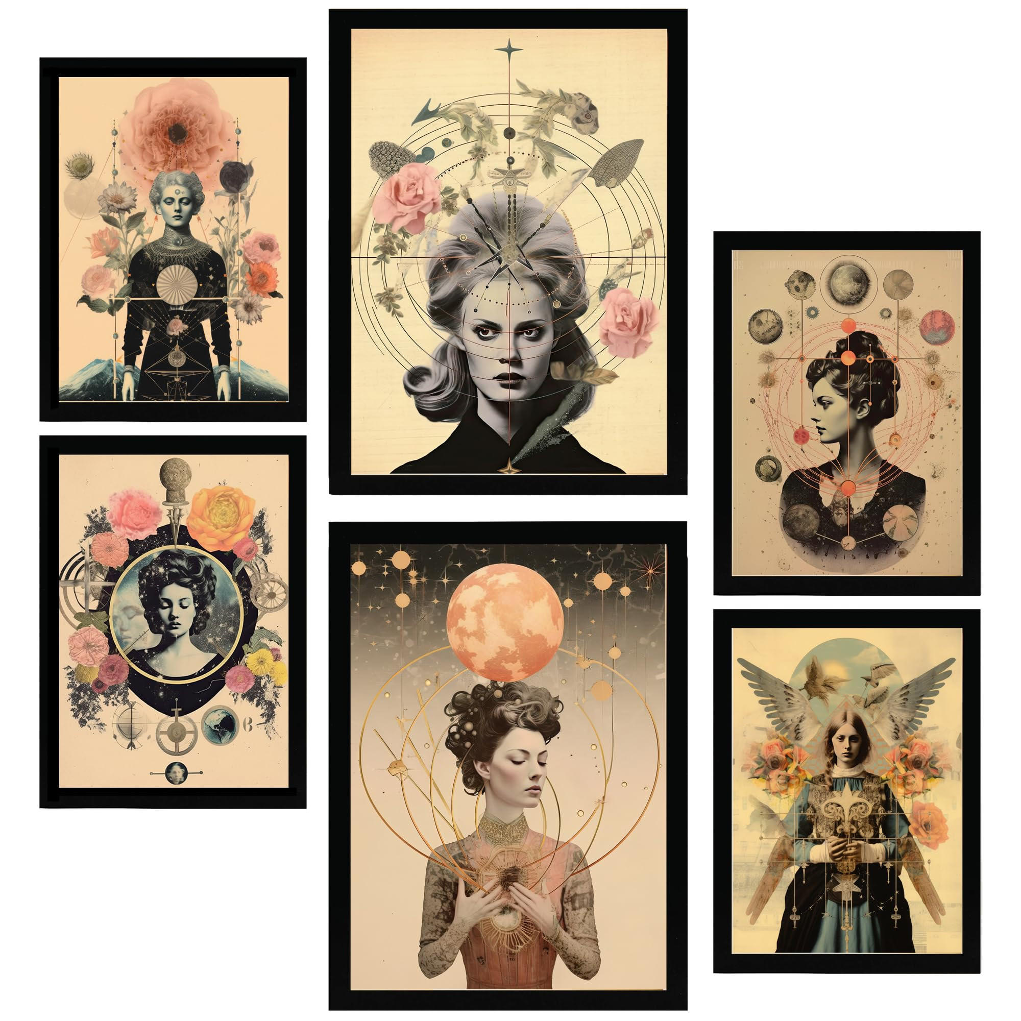 POSTER Set Mit 6 Surreale Florale Im Mystischen Esoterischen A3 & A4 Schwarzer Rahmen - Schwarz, Papier (29/3cm) - Nacnic