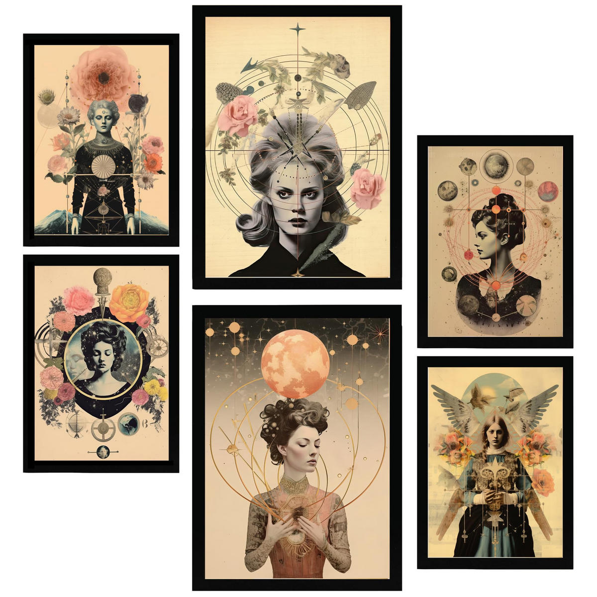 POSTER Set Mit 6 Surreale Florale Im Mystischen Esoterischen A3 & A4 Schwarzer Rahmen - Schwarz, Papier (29/3cm) - Nacnic