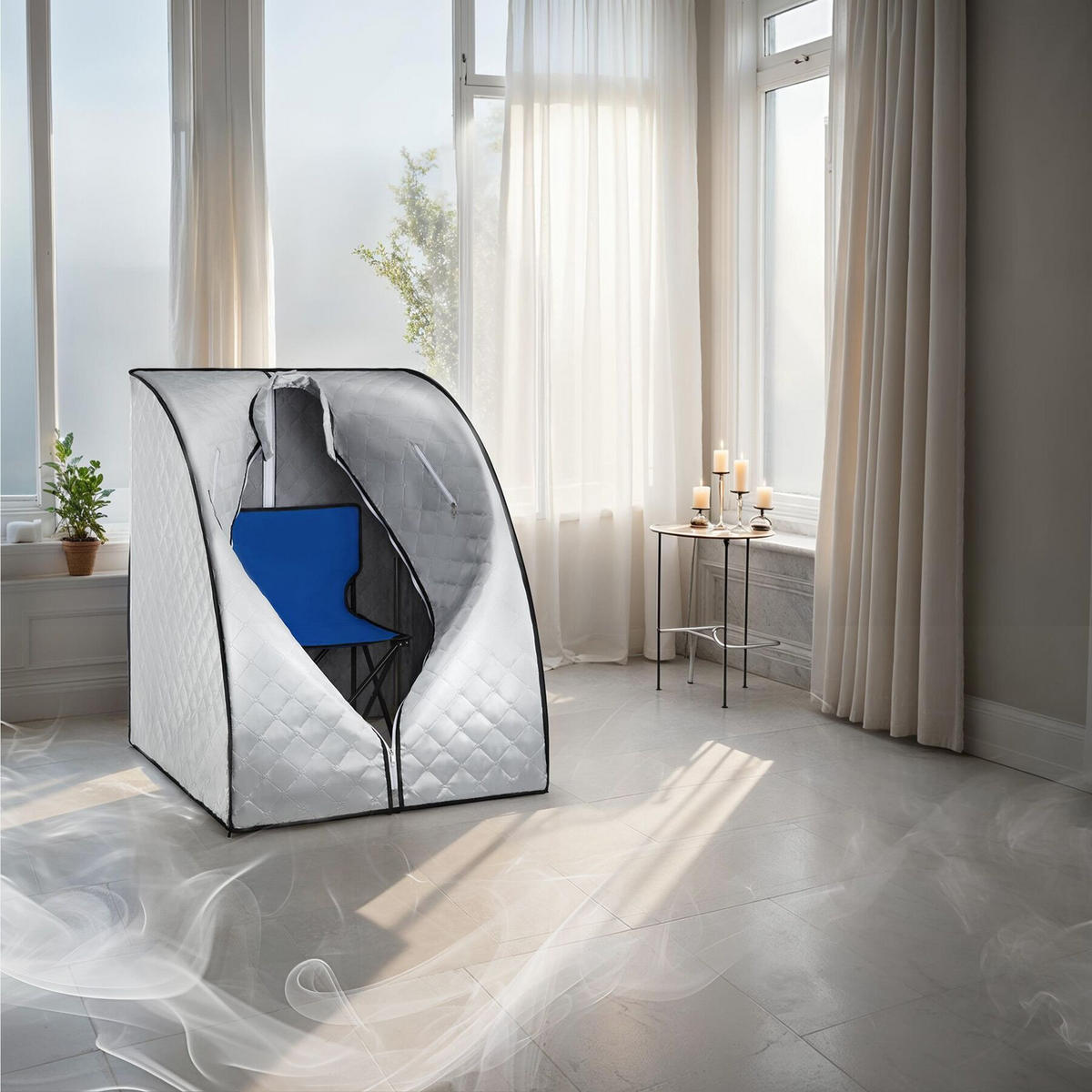 MOBILE DAMPFSAUNA Thermaluxe Ii,inkl. Fernbedienung, Matte, Klappstuhl und Tragetasche,grau/blau - Blau/Grau, Kunststoff (78/100/90cm) - tectake