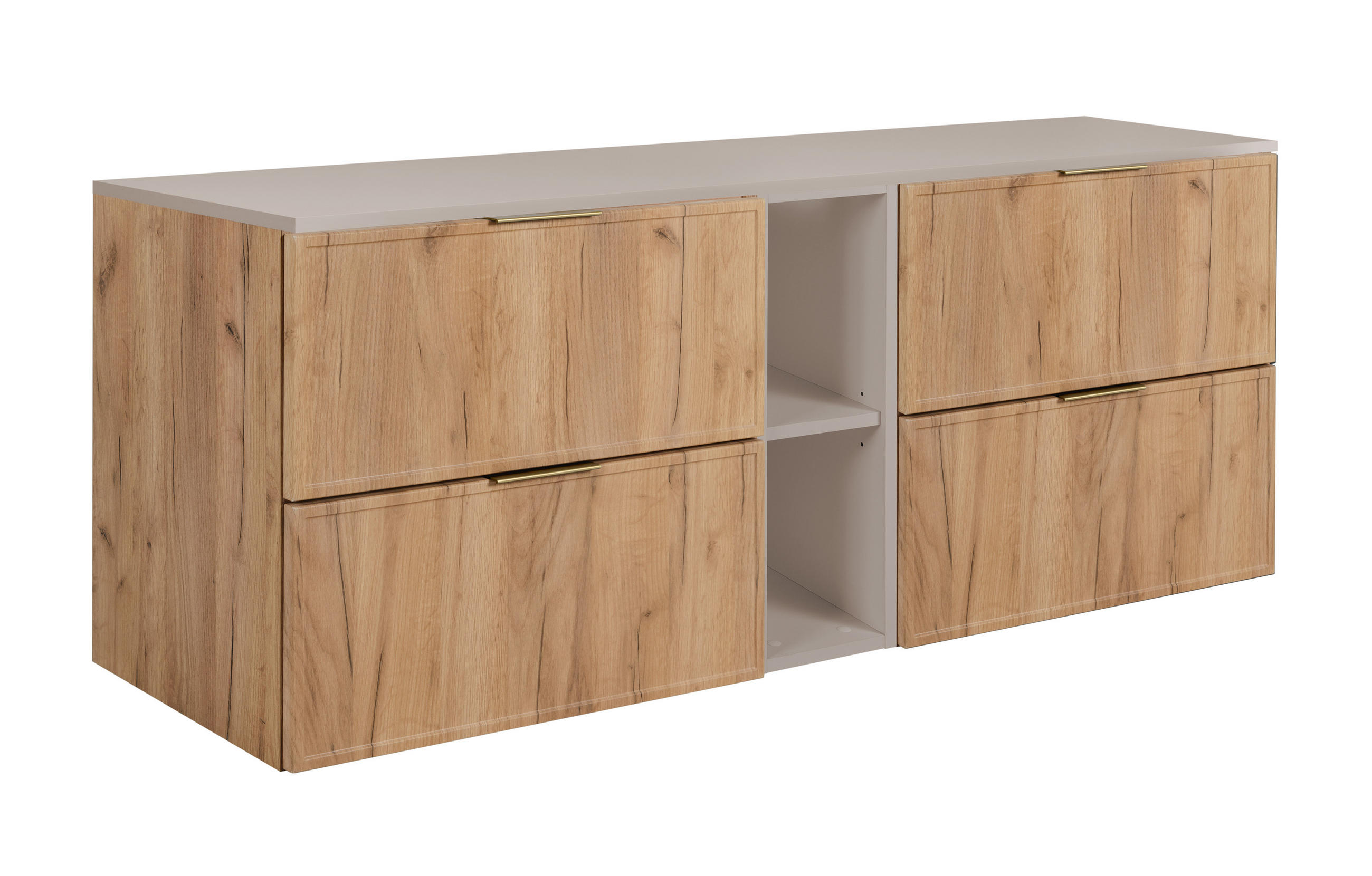BADEZIMMERSCHRANK, Craft-Eiche / Kaschmir, Goldene Griffe, 140 ( 2 x 60 + 20) x 46 x 57 cm - Kaschmir/Eichefarben, Holzwerkstoff/Kunststoff (140/57/46cm) - 3XE LIVING