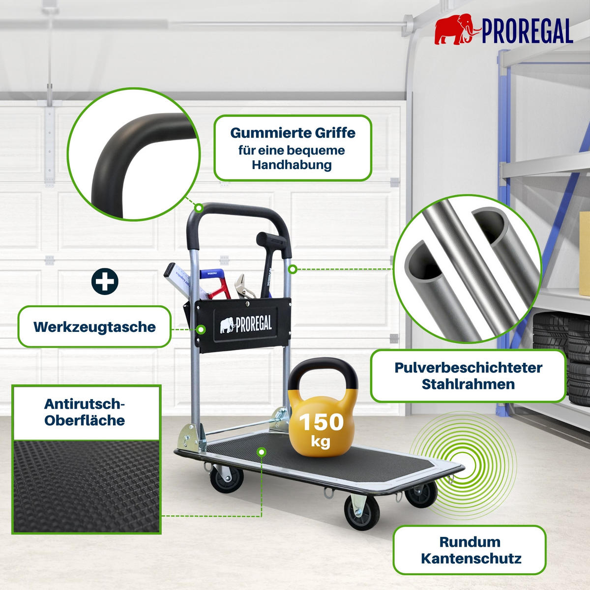 PLATTFORMWAGEN Transportwagen Rhino 150kg klappbar mit Gummiräder und Werkzeugtasche - Schwarz, Metall (73/47/83cm) - PROREGAL