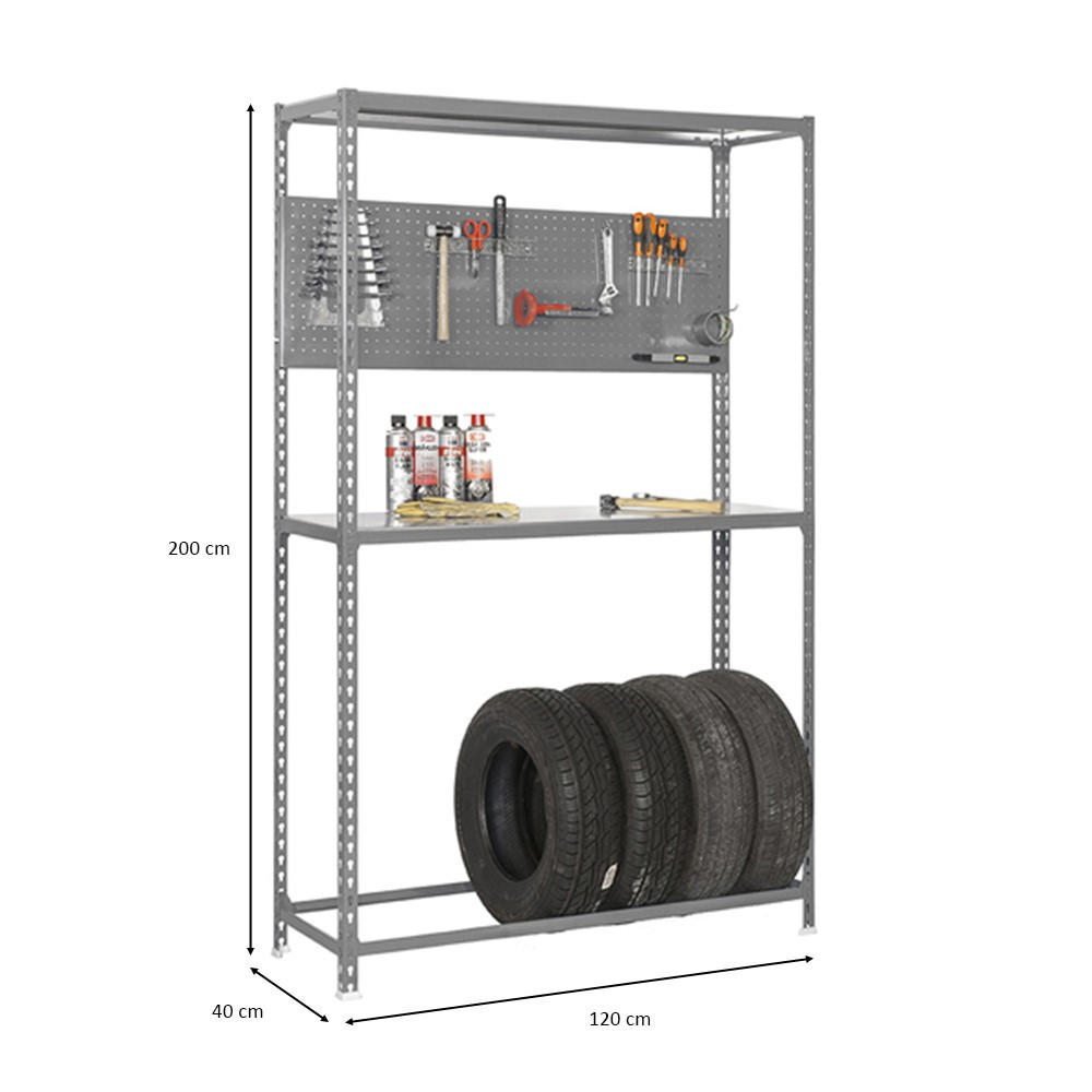 REIFENREGAL mit Arbeitsfläche Metal Shark NO.4 HxBxT 200 x 120 x 40 cm 6 Reifen Grau - Grau, Metall (120/200/40cm) - PROREGAL