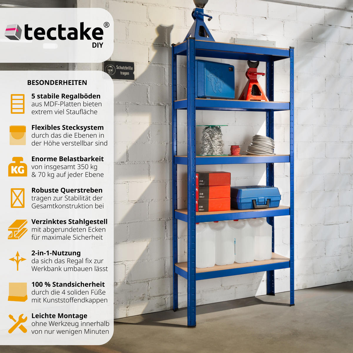 SCHWERLASTREGAL ,75,5 x 30,5 x 172 cm,blau - Blau, Metall (30.5/172/75.5cm) - tectake