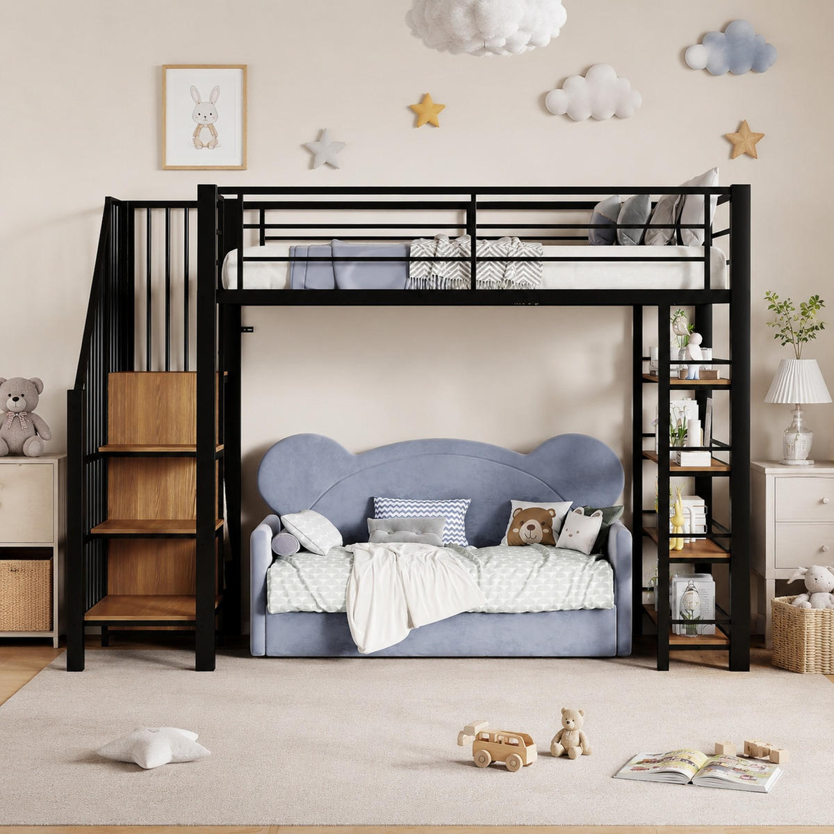 HOCHBETT 90/200 mit Stauraumtreppe, Kleiderschrank und Sicherheitsgeländer in Schwarz - Schwarz, Holz/Metall (90/200cm) - EVRYAE