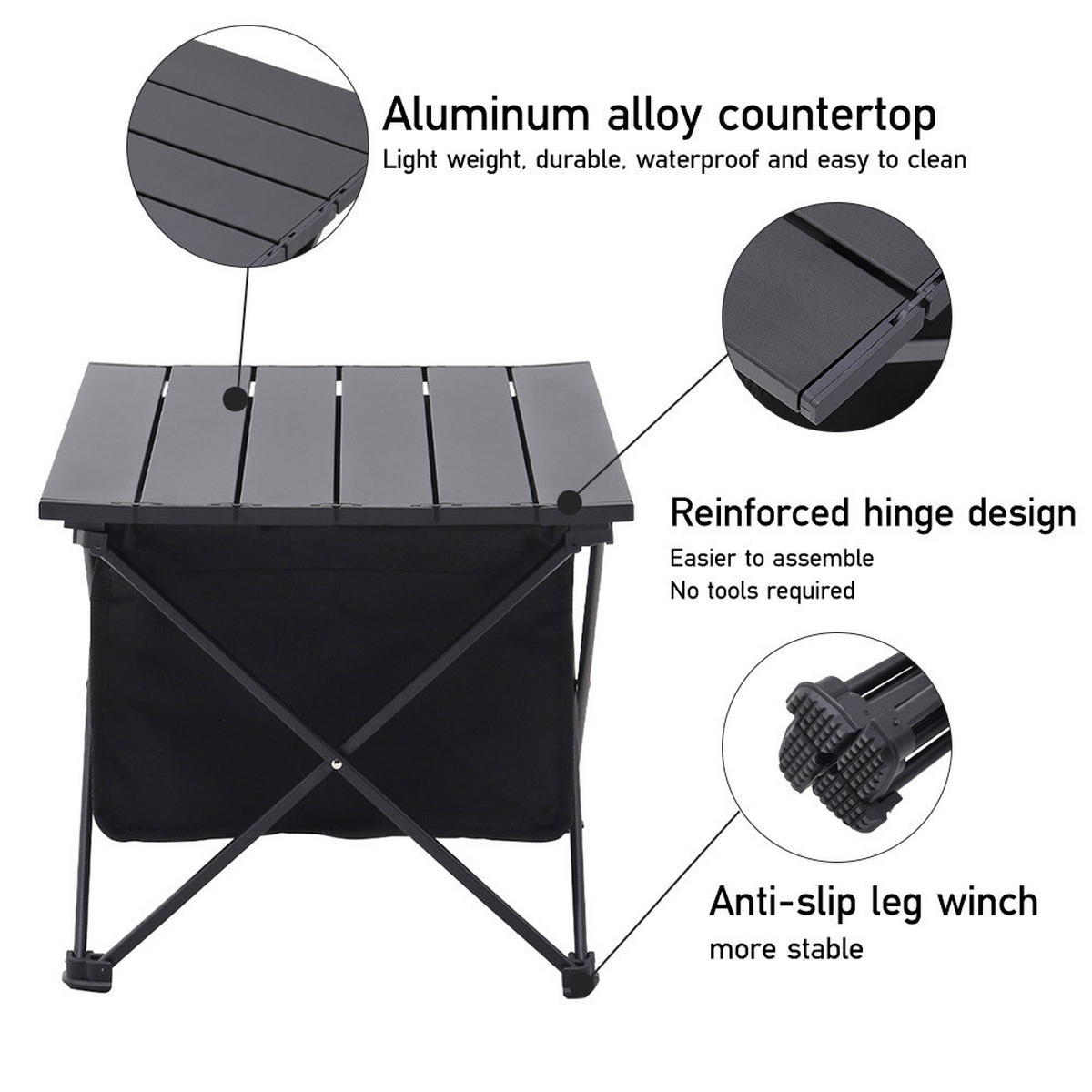 CAMPINGTISCH mit Rollplatte und Aufbewahrungskorb aus Aluminium Oxford-Gewebe Tragbar Kompaktes Faltmaß 39 x 33 x 31cm 1,02 kg - Schwarz, Metall (33/39/31cm) - Livingandhome