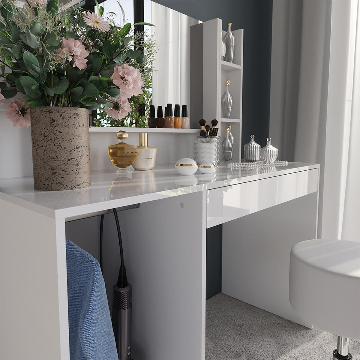 SCHMINKTISCH Sherry Weiß/Weiß Hochglanz 119.8 cm 5 Teile - Weiß Hochglanz, Holzwerkstoff (119.8/76/50.1cm) - Vicco