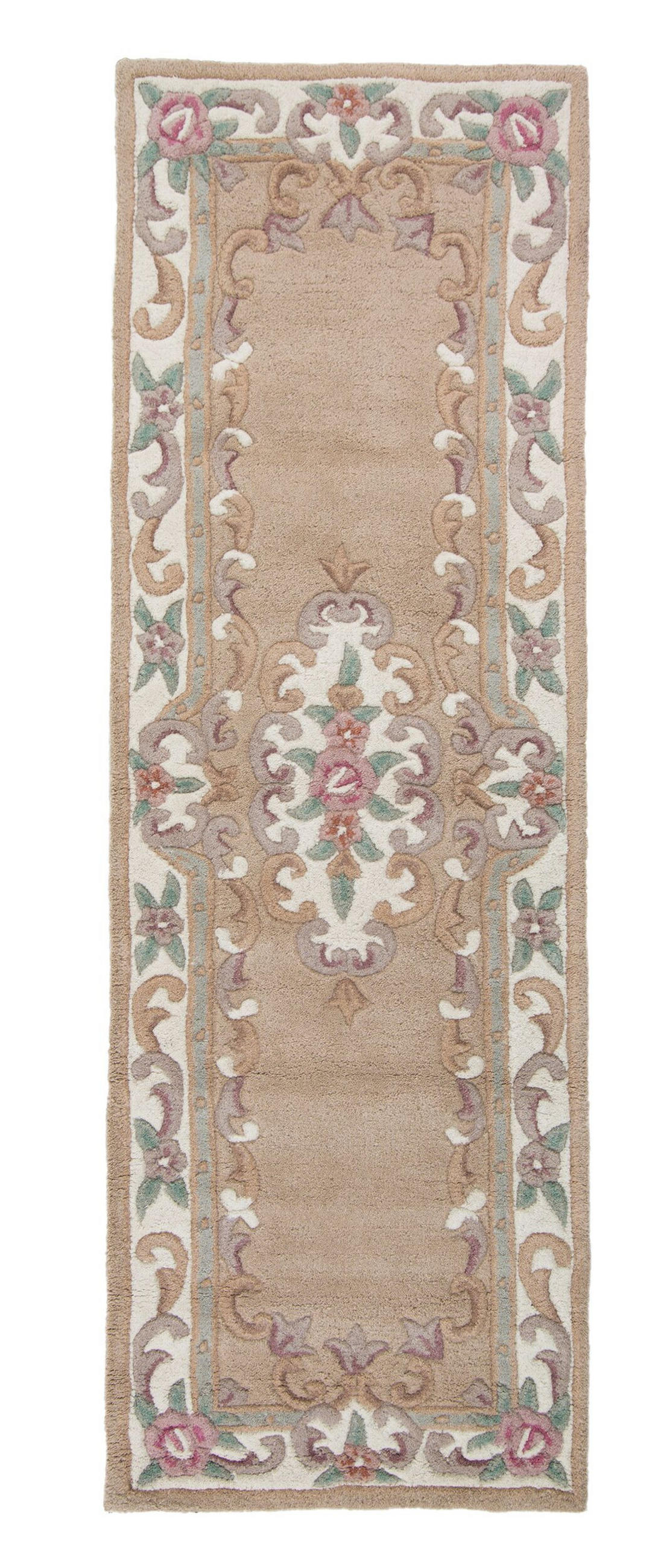WOLLTEPPICH Aubusson-Muster handgeknüpft BEAULY, Braun-Beige 67x210 cm - Braun, Textil (67/210cm) - KADIMA DESIGN