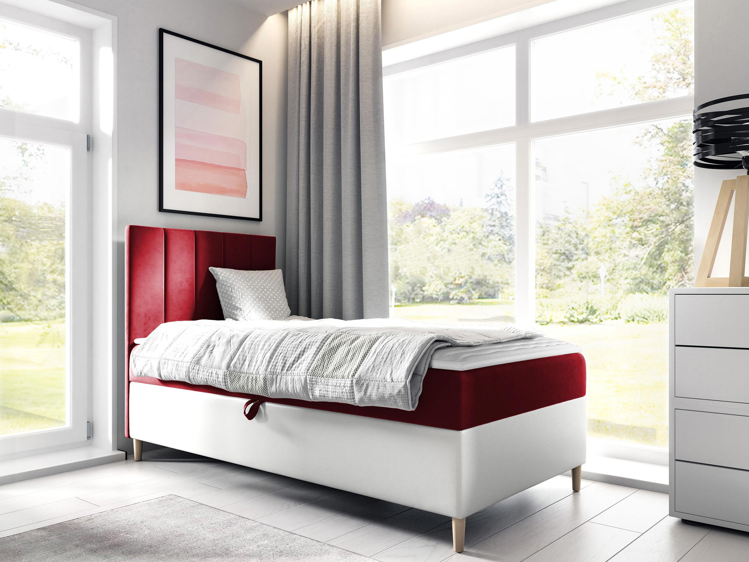 BOXBETT Maja Junior 1, Seite zum Öffnen des Bettkastens: Links - Rot/Weiß, Holz (100/200cm) - MIRJAN24