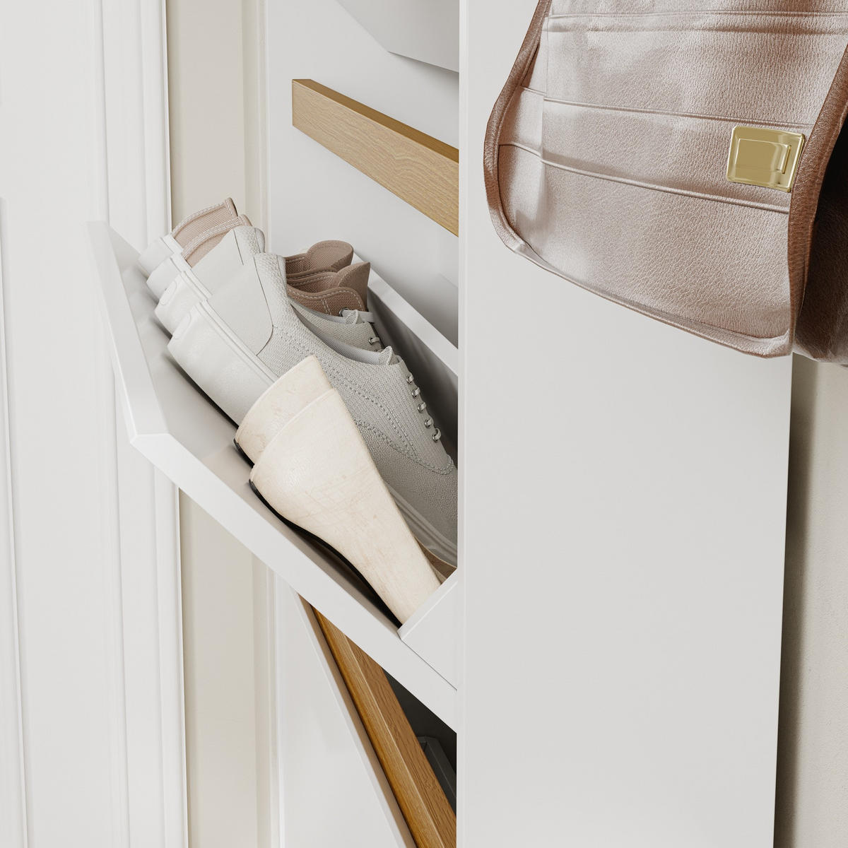 SCHUHSCHRANK mit Steckdose und USB-Ladefunktion FSR228-E-WN - Ahornfarben/Weiß, Holzwerkstoff/Fell (15/126/72cm) - SoBuy