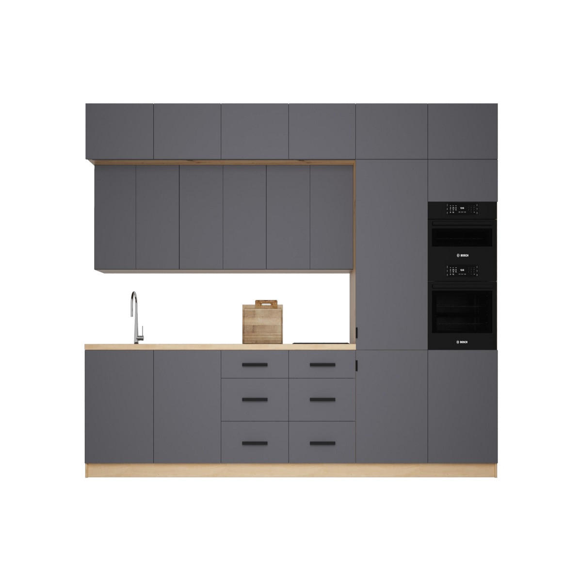 KÜCHENZEILE 360 cm - Langen K72-M360 R in Grau/Matt - Schwarz/Grau, Holz/Metall (360/248/58cm)