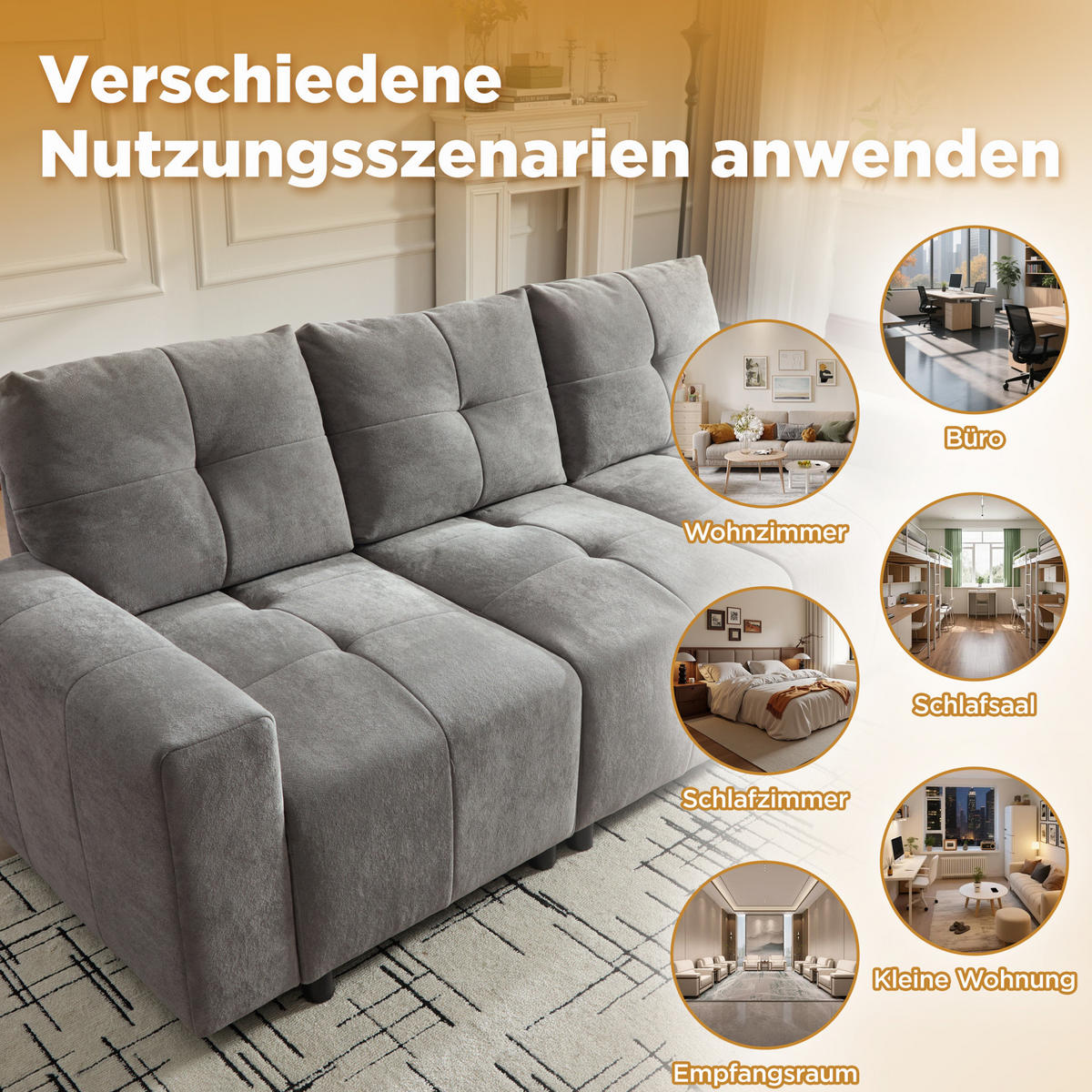 3-SITZER-SOFA aus Chenille 213x94x84 cm Grau mit Schlaffunktion, verstellbarer Sitztiefe und kompakter gerader Form - Grau, Kunststoff (213/84/94cm) - Modfu