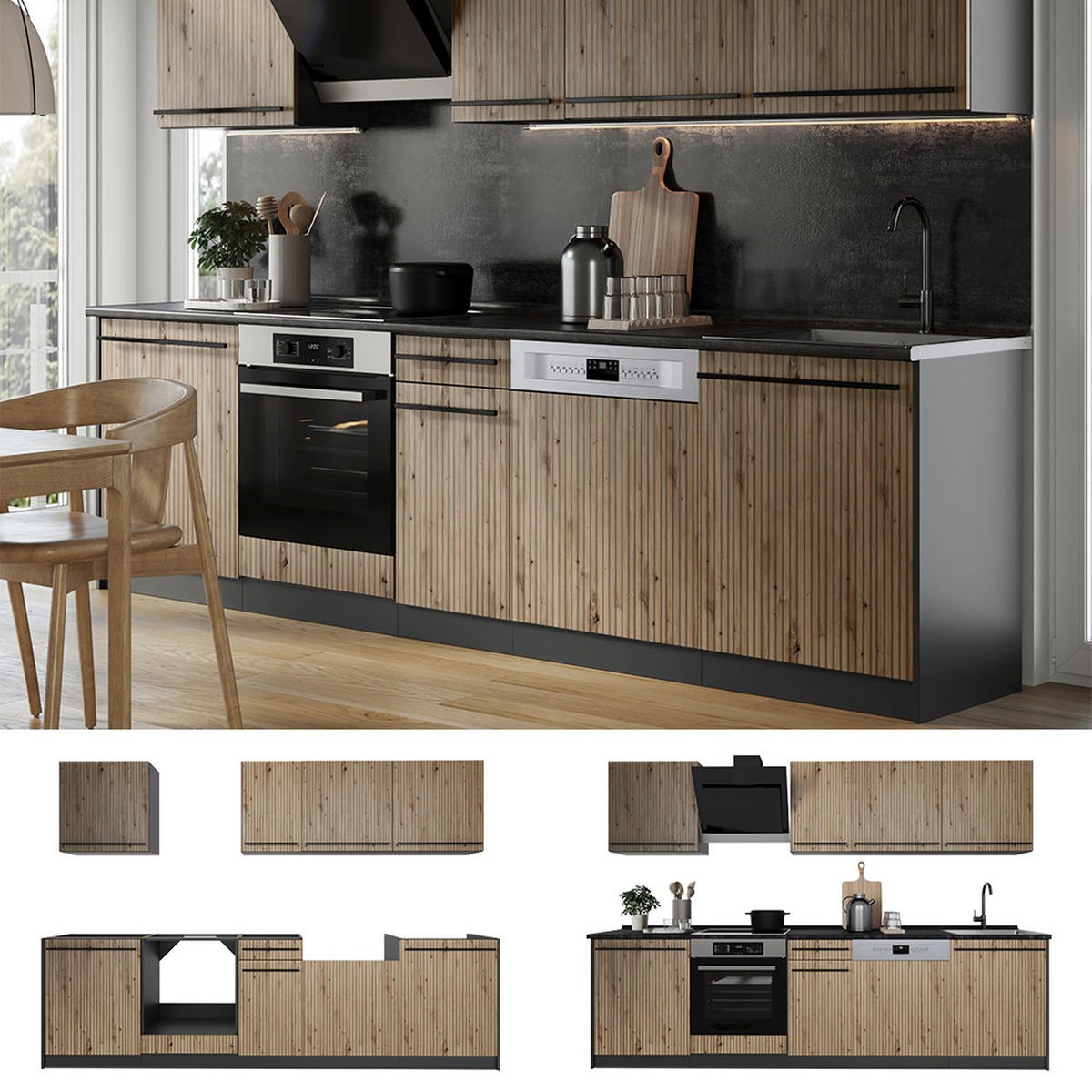 KÜCHENZEILE R-Line, Artisan-Eiche/Anthrazit, 280 cm Arbeitsplatte Anthrazit - Anthrazit/Eiche Artisan, Holzwerkstoff (280/206.8/60cm) - Vicco