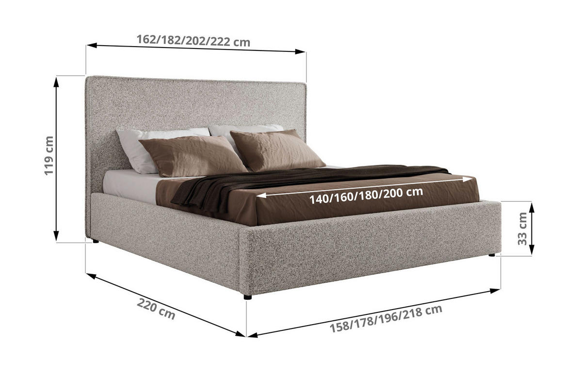 POLSTERBETT CORIVO CLASSIC 180/200 - Hellgrau Strukture - Schaum-Matratze - Hellgrau, Textil (180/200cm) - MKS