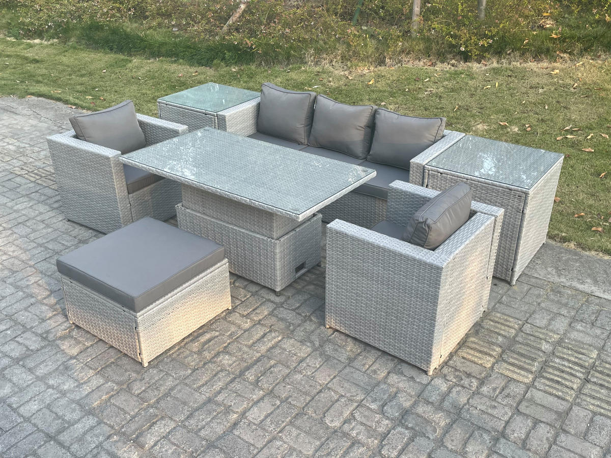 GARTENMÖBEL SET mit höhenverstellbarer Tisch Polyrattan Helles Grau 7-teilige - Hellgrau, Metall - Fimous