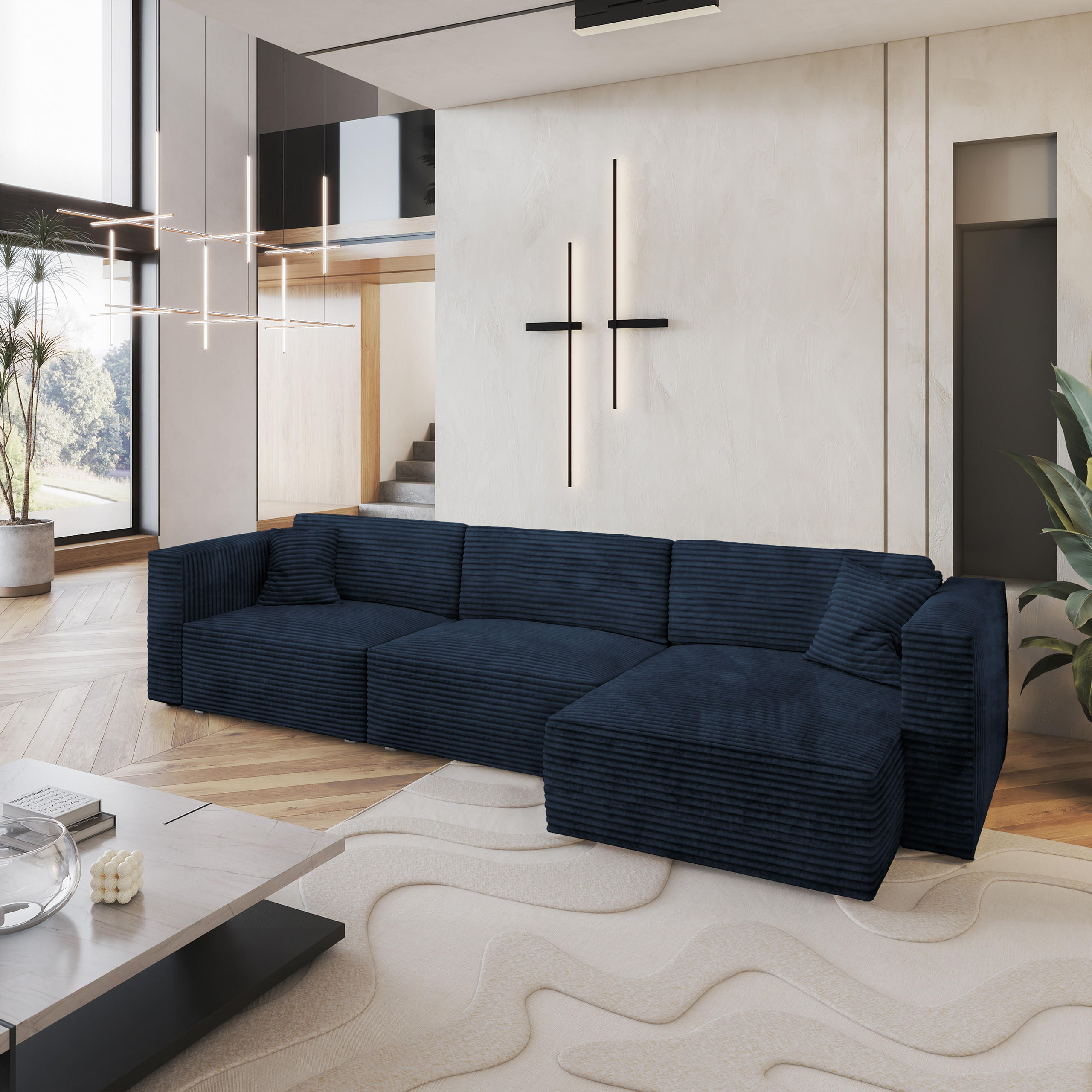 ECKSOFA TOLMO Blau Kordstoff mit Schlaffunktion - Blau, Holz (347/148cm) - MASSENO