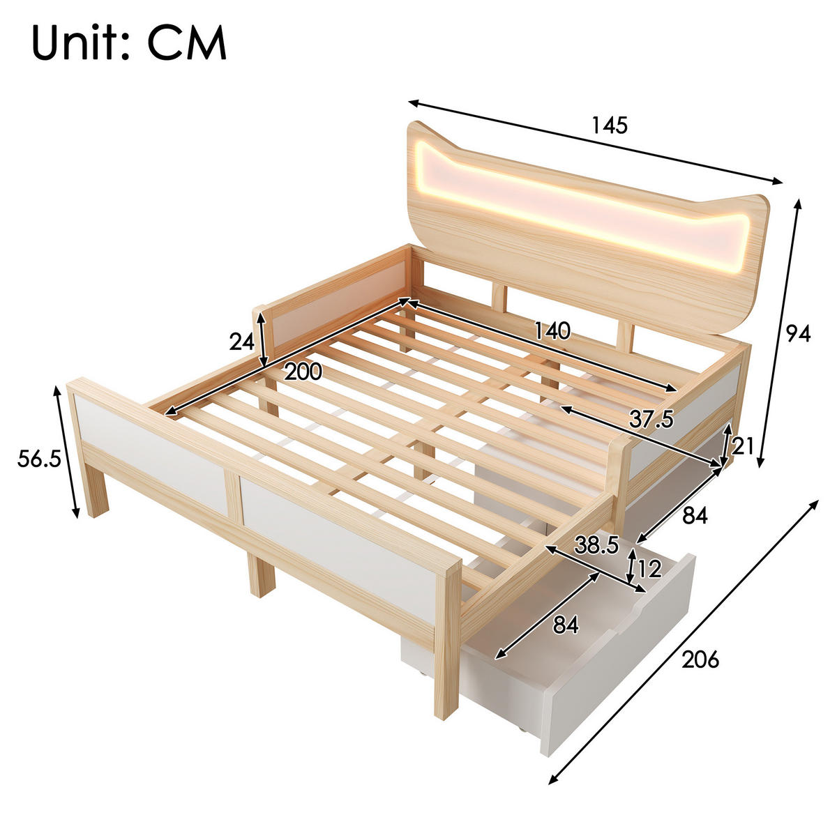 KINDERBETT 140/200 cm mit RGB-LED, Katzenkopfteil, Schublade, Staufach und Schutzgitter, Weiß/Eiche - Weiß, Holzwerkstoff (140/200cm) - Redom