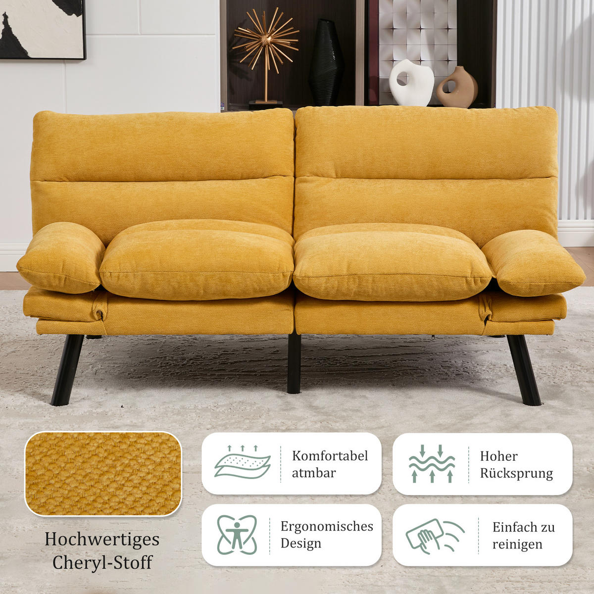 2-SITZER Schlafsofa Chenille mit verstellbarer Rückenlehne Senfgelb 165/90/76 cm - Gelb, Textil (90/76/165cm) - Redom