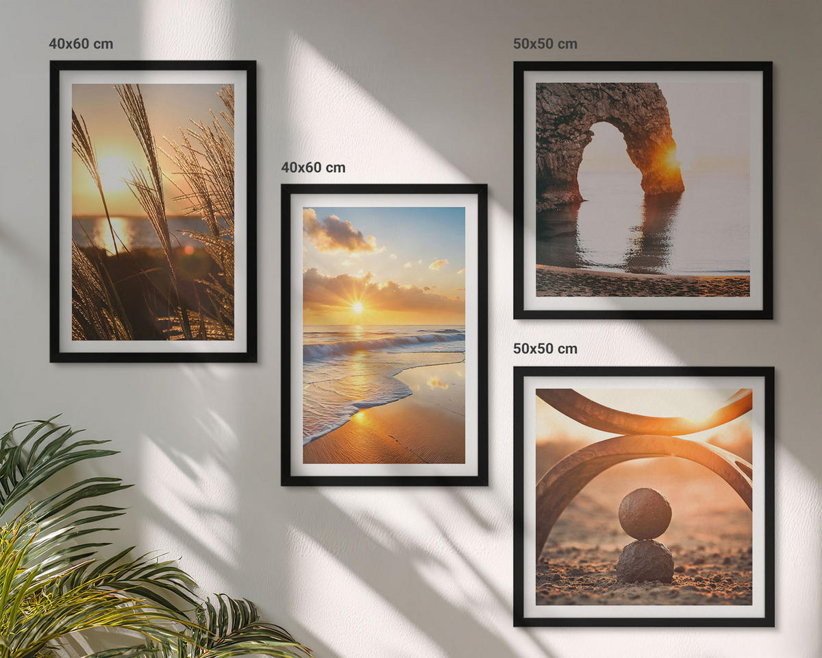 BILDER SET 4er Set - 50x50 cm & 40x60 cm Schwarzer Rahmen - Ruhige Landschaften am Strand der Sonne - Schwarz, Kunststoff (50/50cm) - TULUP