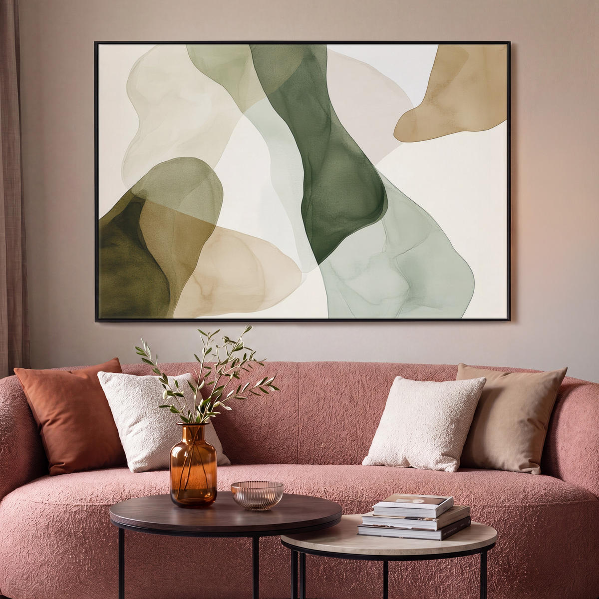 LEINWAND Bilder mit Rahmen - Japandi - Abstrakt - Grün - 140x90 - Salbeigrün, Textil (140/90cm) - MuchoWow