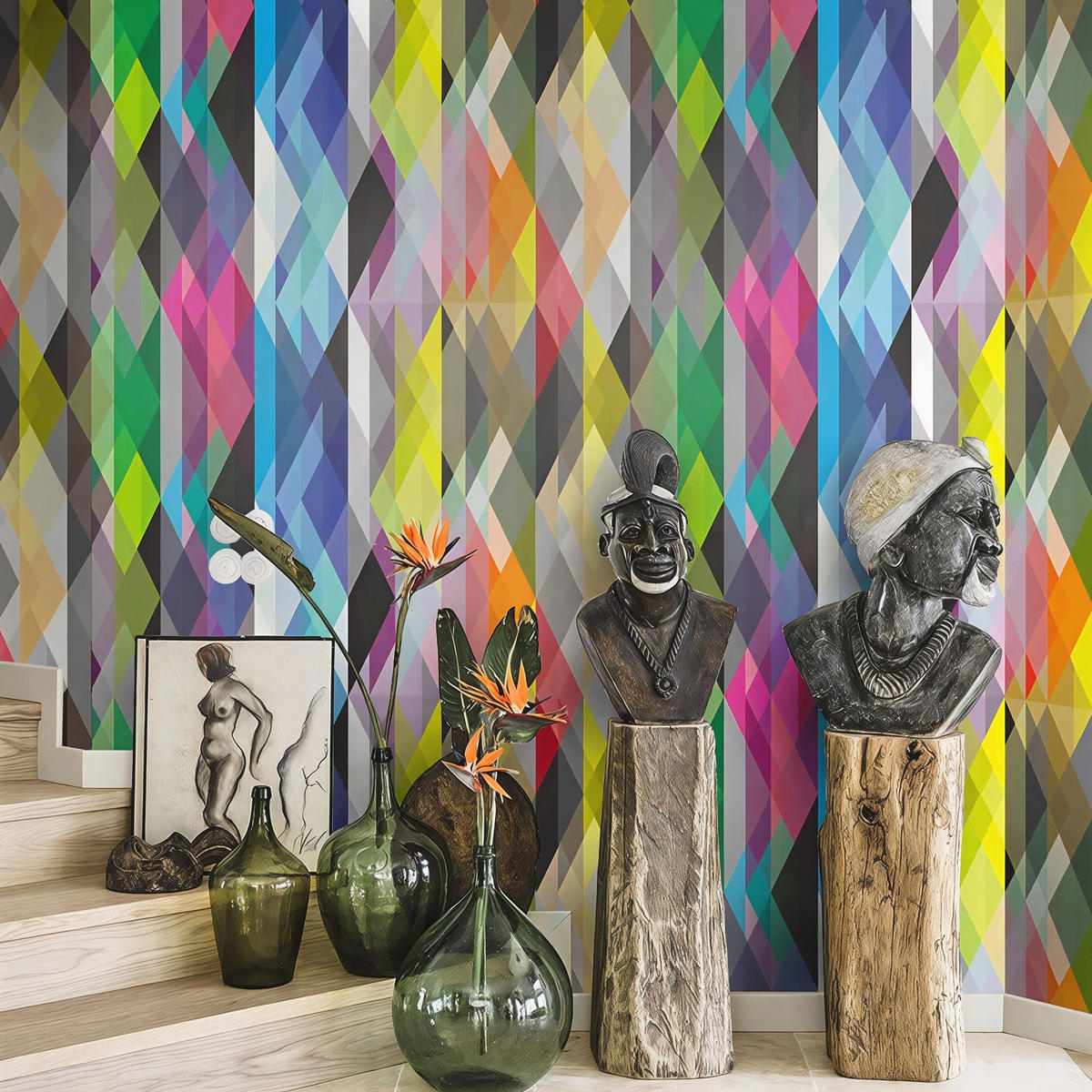 TAPETE Geometrisch aus echtem Papier, 200x280cm, 8 Bögen - Multicolor, Papier (200/280cm) - WALLPAPERS4BEGINNERS