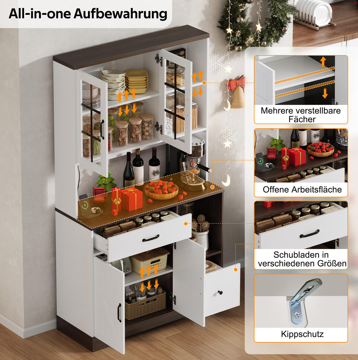 BUFFETSCHRANK 105/40/185 cm mit LED-Beleuchtung, Steckdosen, USB-Anschlüssen und verstellbaren Einlegeböden, Natur/Weiß - Naturfarben, Holzwerkstoff (105/185/40cm) - Redom
