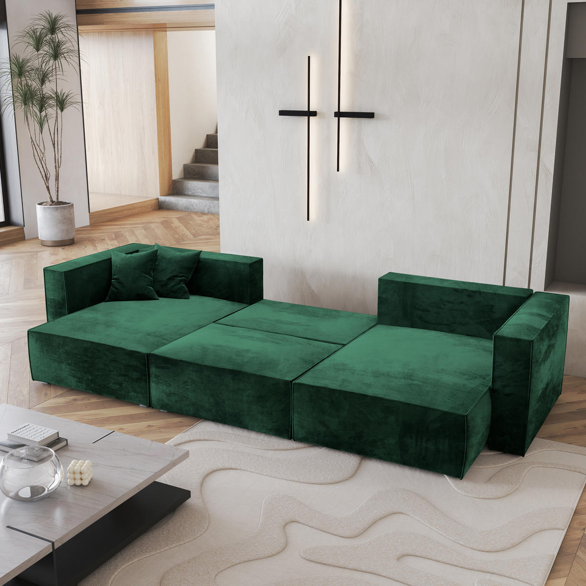 WOHNLANDSCHAFT SARMO M Grün Velours-Stoff mit Schlaffunktion - Grün, Holz (347/70/148cm) - MASSENO