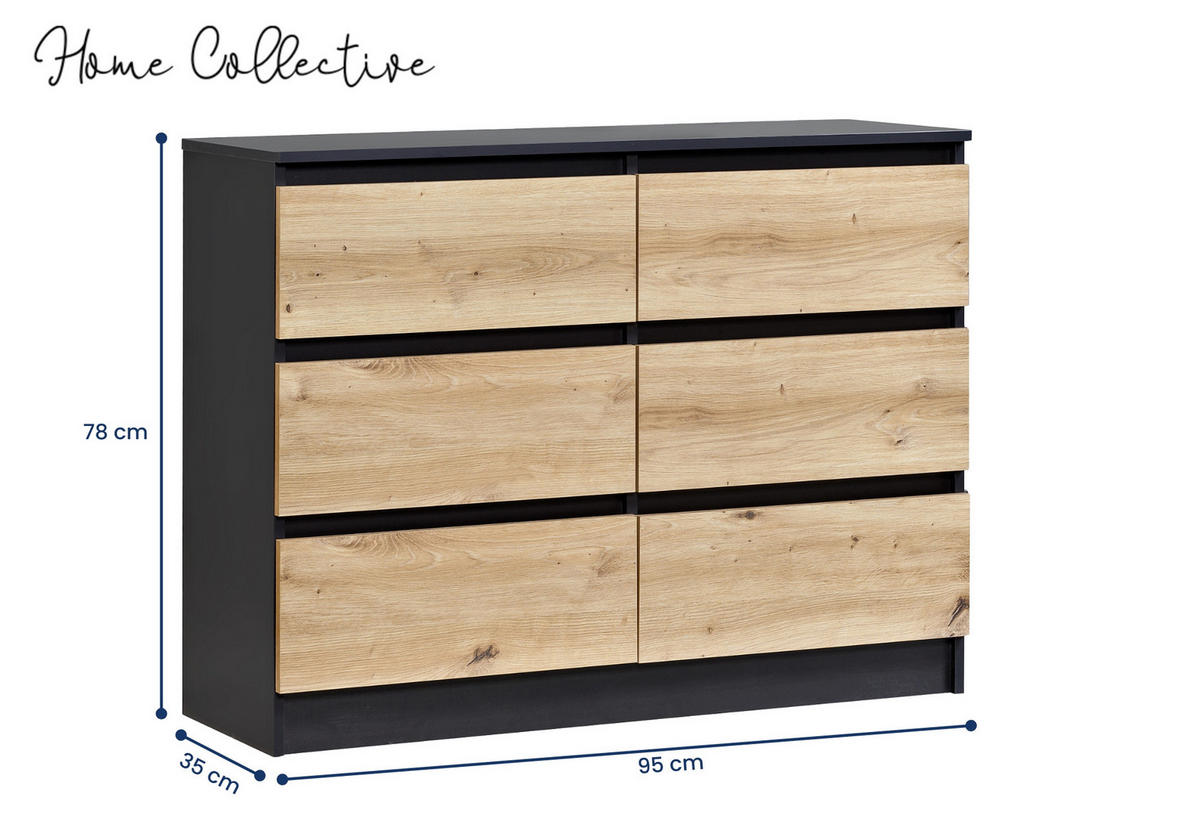 KOMMODE mit 6 Schubladen 95 cm breit in anthrazit artisan-eiche - Anthrazit/Eiche Artisan, Holz (95/77.5/31cm) - Home Collective
