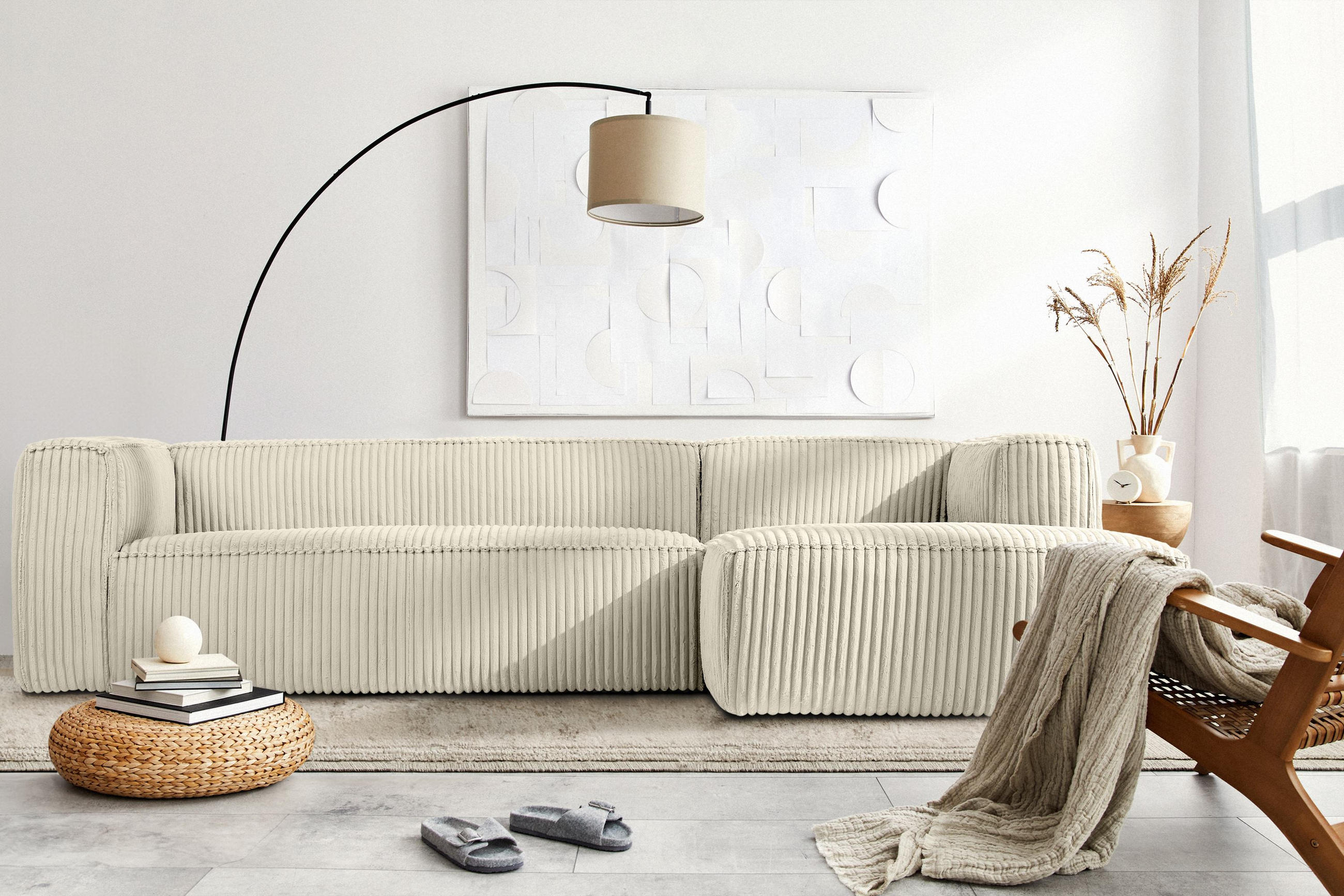 Thumbnail - Konsimo® Ecksofa-Rechts, Creme, Textil, L-Form,L-Form, 305x175 cm, Wohnzimmer, Sofas & Couches, Wohnlandschaften, Ecksof...