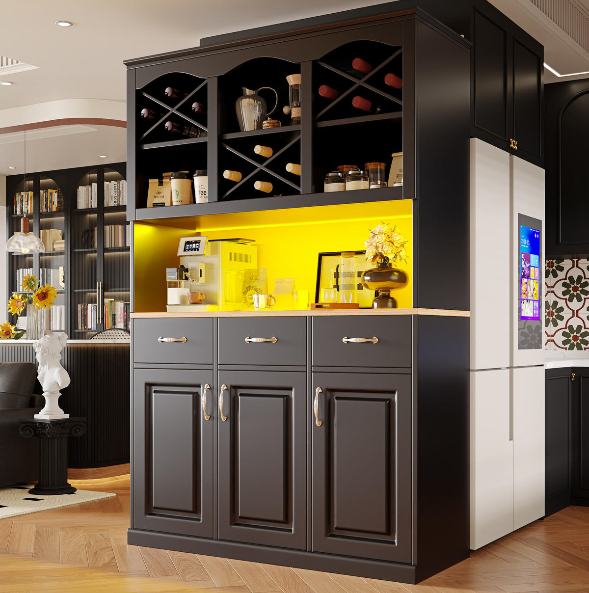 DONJI kuhinjski element, 120/40/180 cm, MDF crni, s LED rasvjetom i 3 ladice - crna, drvni materijal (120/180/40cm) - BEAOK