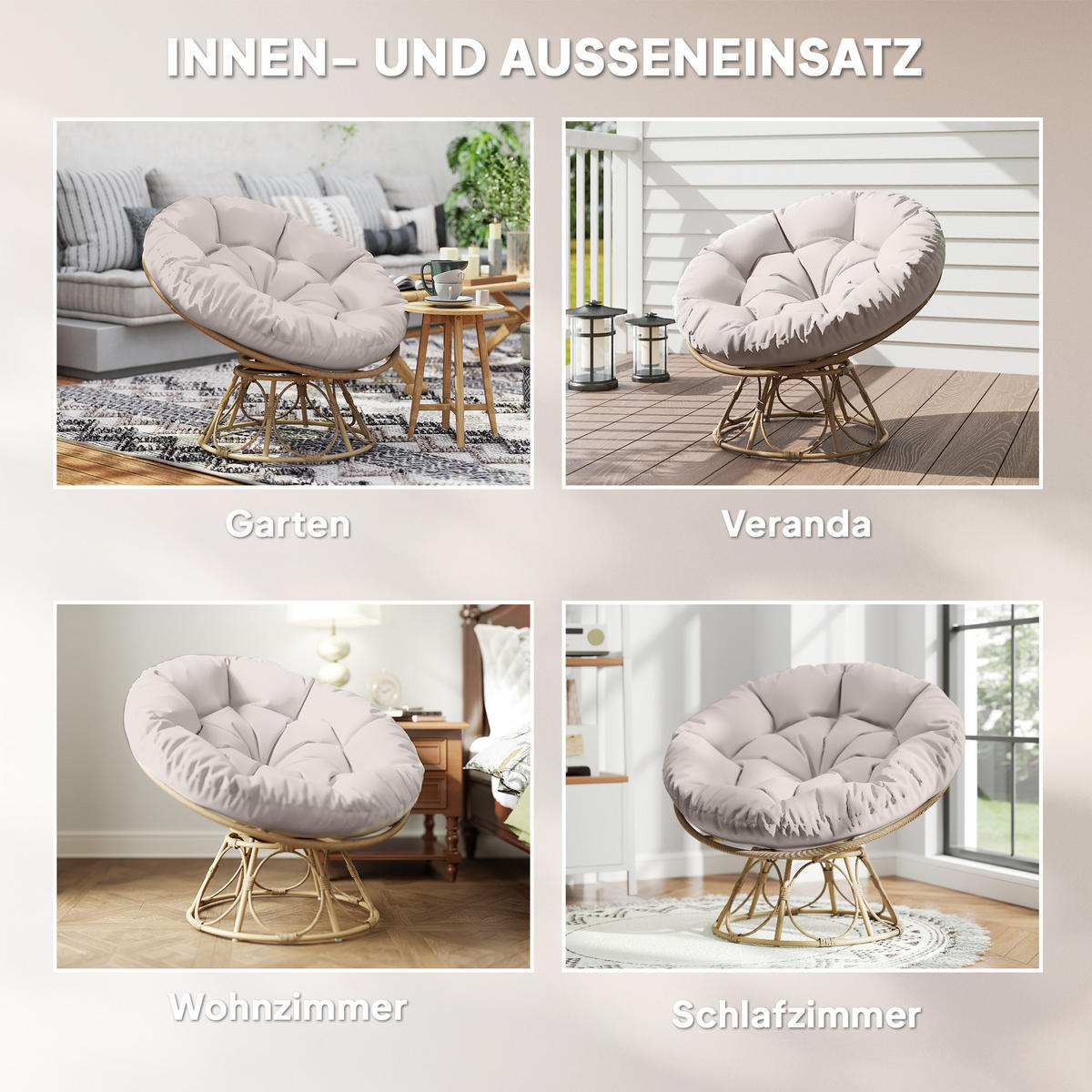 KORBSESSEL mit Sitzkissen aus Rattan - Hellgrau, Metall (78/76/90cm) - Outsunny